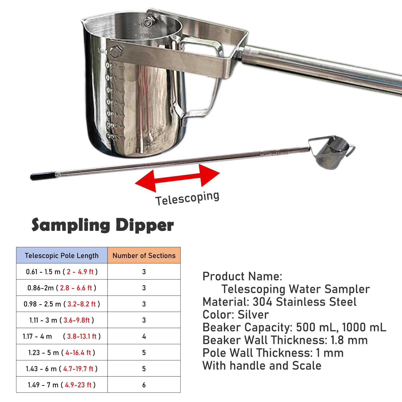 Dipper5001000 ml di campionatore d'acqua in acciaio inox con asta per fiumi, laghi e fango, ideali per test di qualità e analisi ambientale