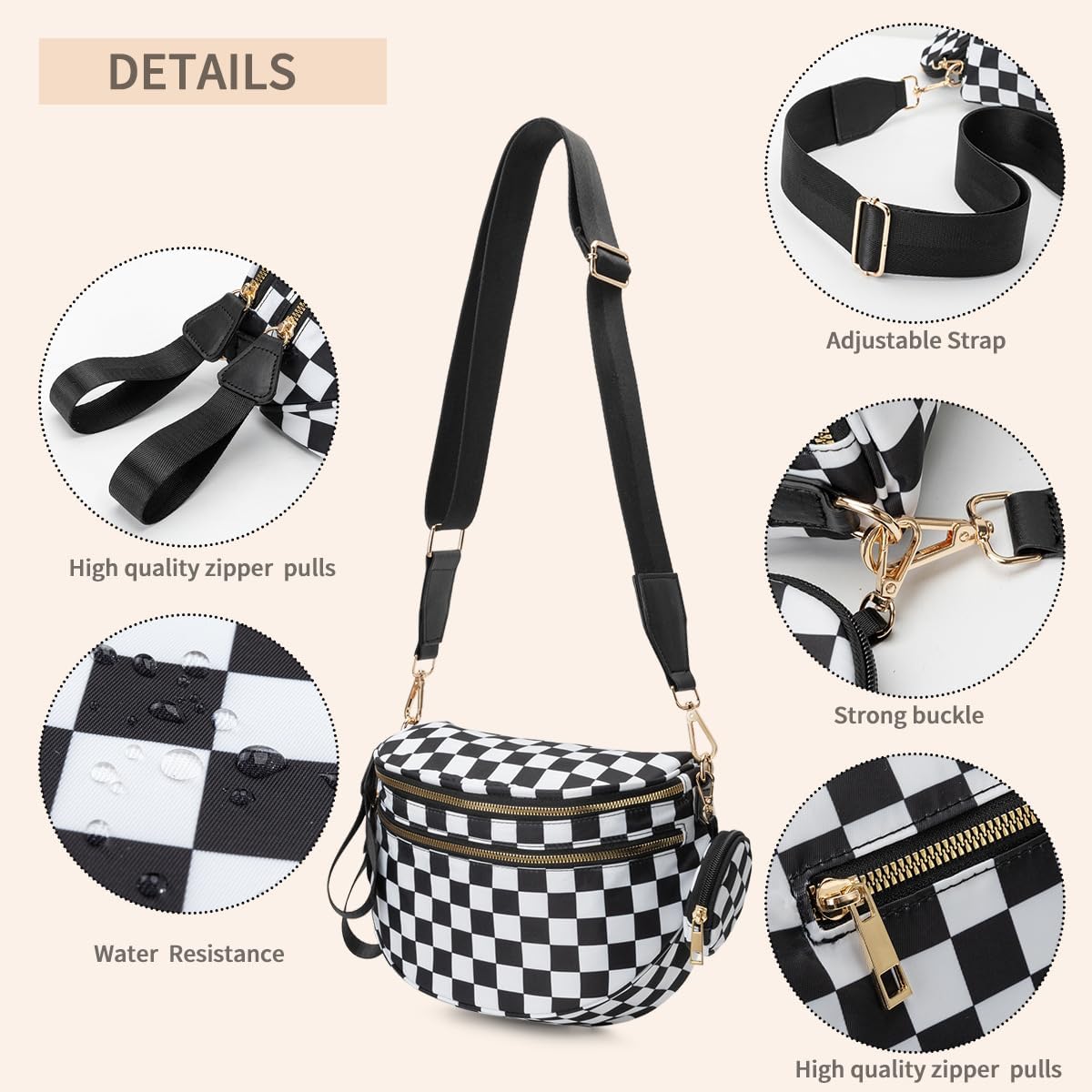 Checkered Crossbody Bag for Women，Spacious Nylon Bum Bag Checkered Handbags Wallets Oversized Slouchy Bag - Image 4