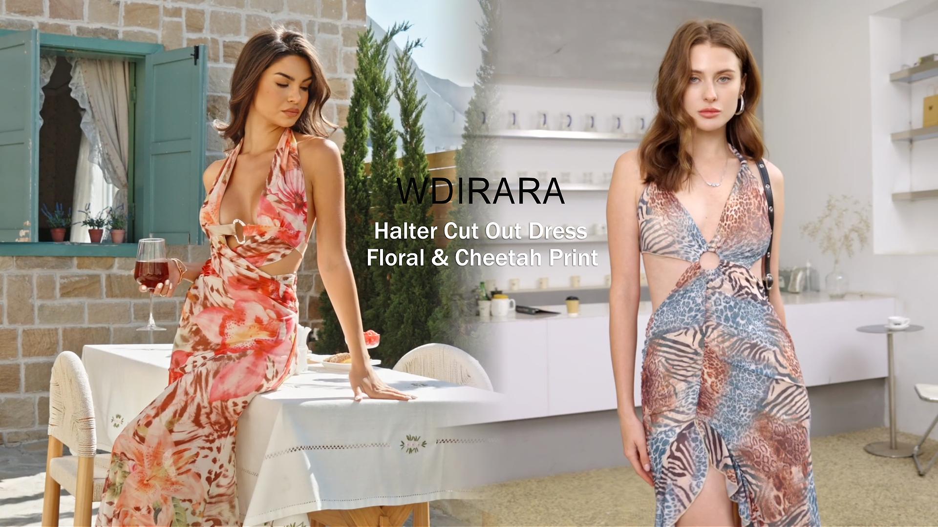 WDIRARA Women's Halter Cut Out Dress Floral Cheetah Print High Slit Dresses