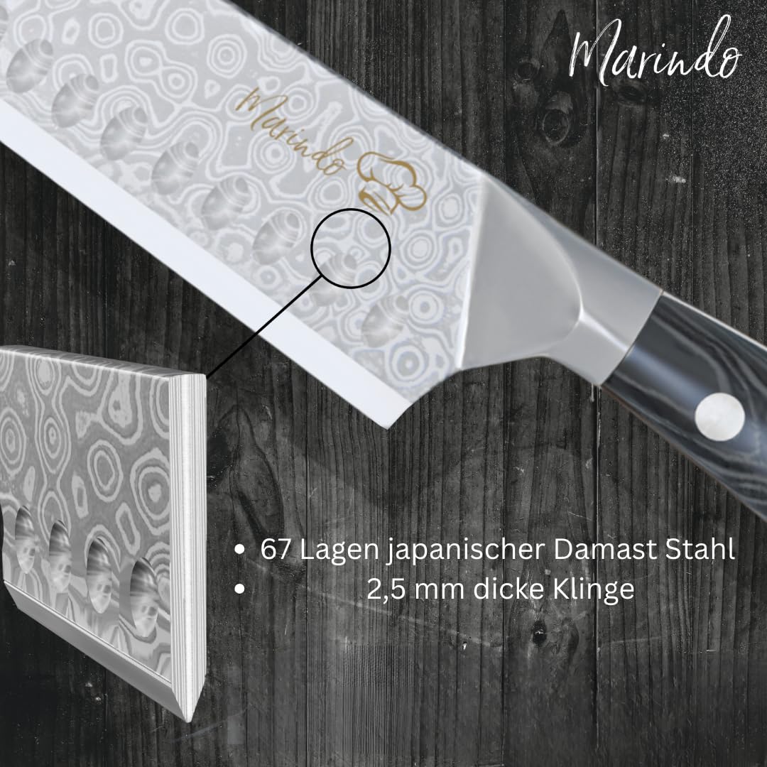 Marindo® Santoku Damastmesser aus Damaszener Stahl 17,8 cm Klinge | japanisches Damast Küchenmesser mit Kullenschliff & stabilem Holzgriff | Santoku Messer Damast mit Geschenkverpackung