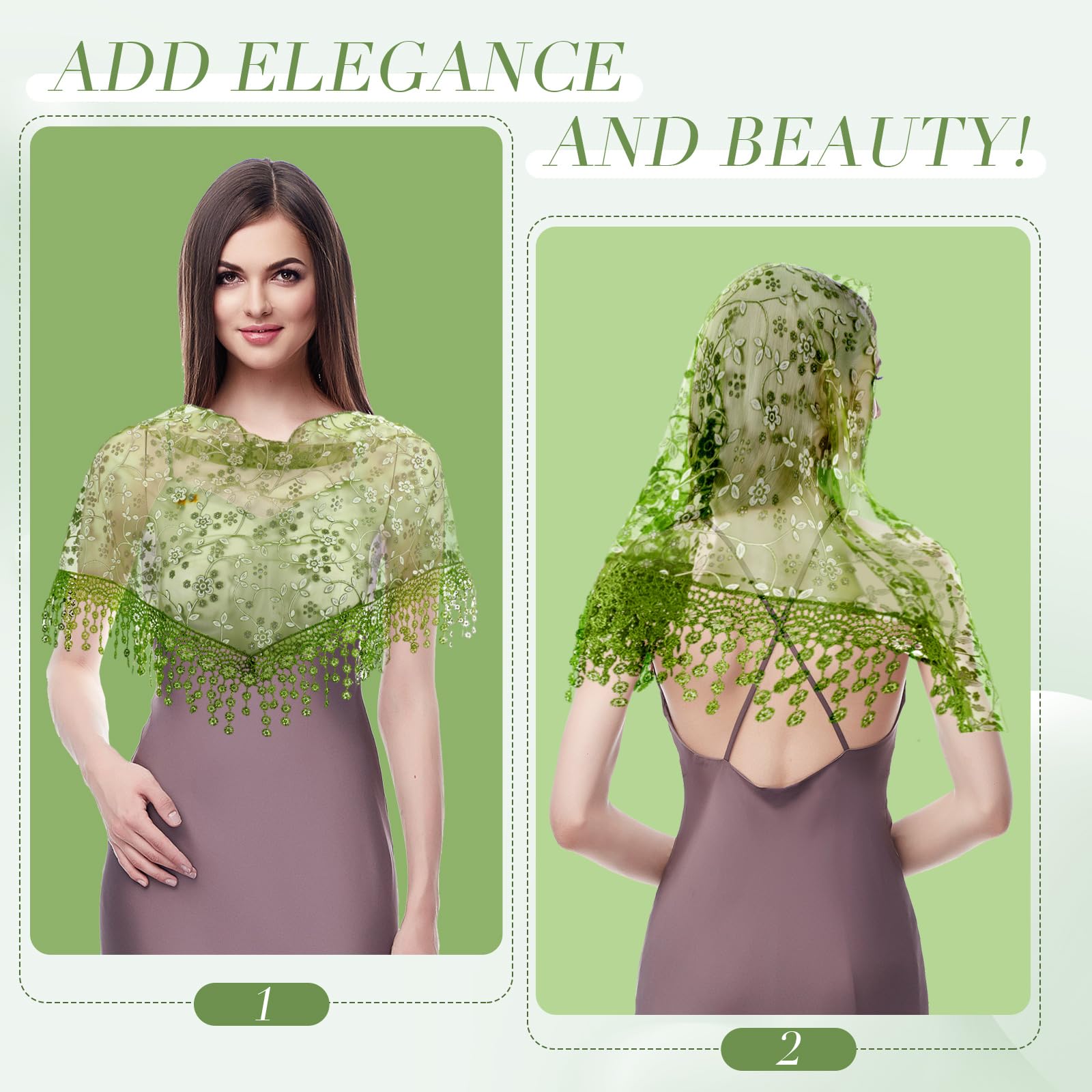 Bufanda de encaje para mujer, bufanda de encaje triangular, chal floral, bufanda de encaje para la cabeza, bufanda ligera de moda, bandana de encaje, Verde 2