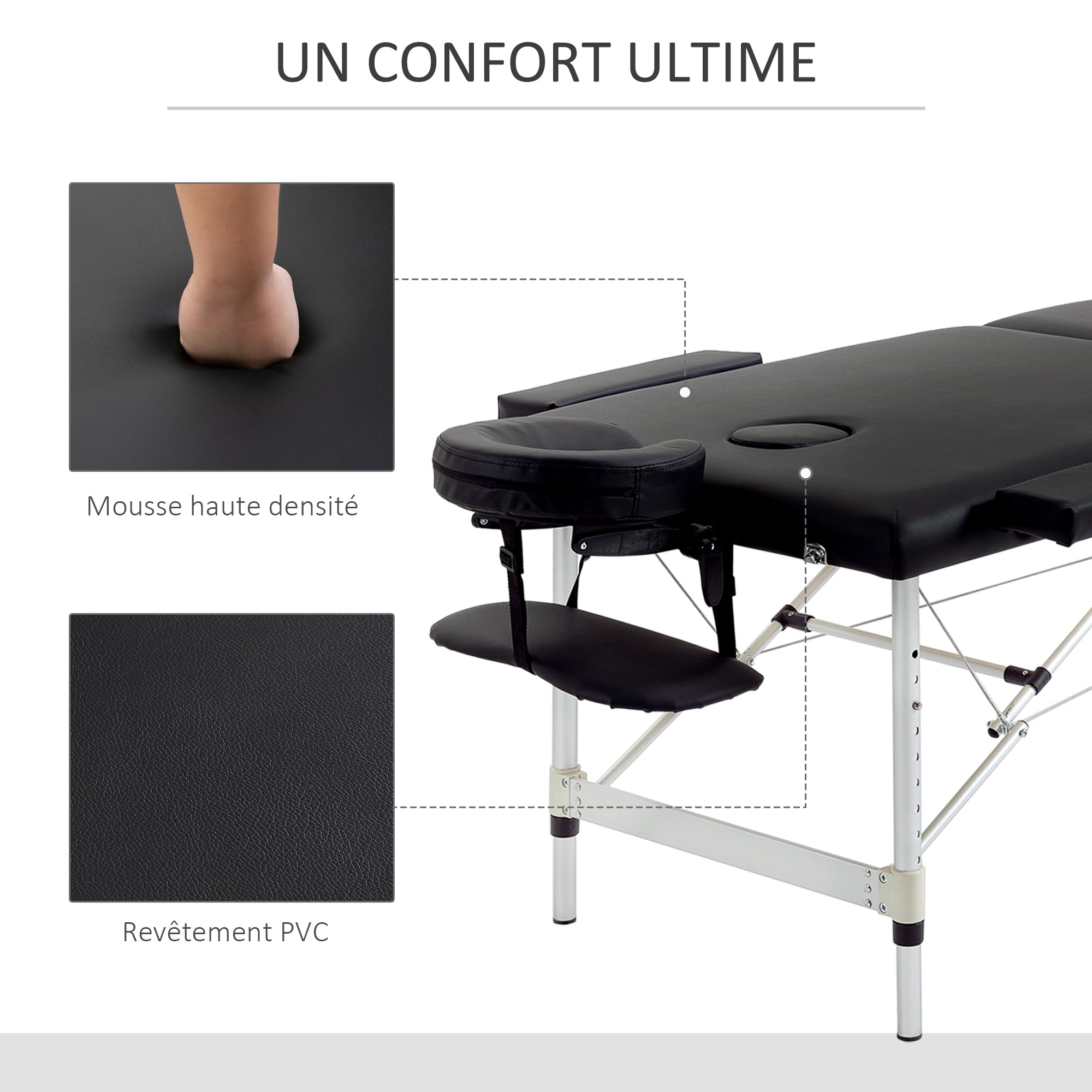 HOMCOM Table de Massage Pliante cosmétique lit de Massage Portable Charge Max. 225 Kg Hauteur réglable Cadre en Alliage d'aluminium Noir