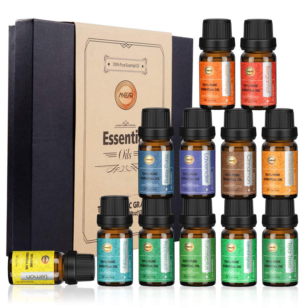 Essential Oils Gift Set (12 * 10ml) Aromatherapy Oils Fragrance Oils for Home Diffuser Humidifer Cented Essential Oil, Peppermint, Lavender, Eucalyptus, Orange, Lemon, Peppermint, Tea Tree, ect.