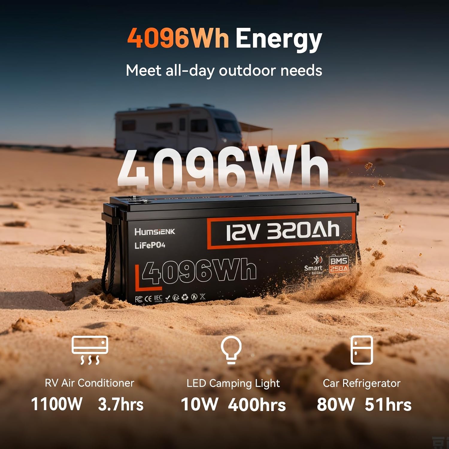 HumsiENK 12V 320Ah LiFePO4 battery with wide temperature adaptation