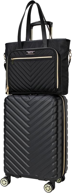 Madison Square Lightweight Hardside Chevron Expandable Spinner Luggage, Black, 2-Piece (20" Carry On + Tote)