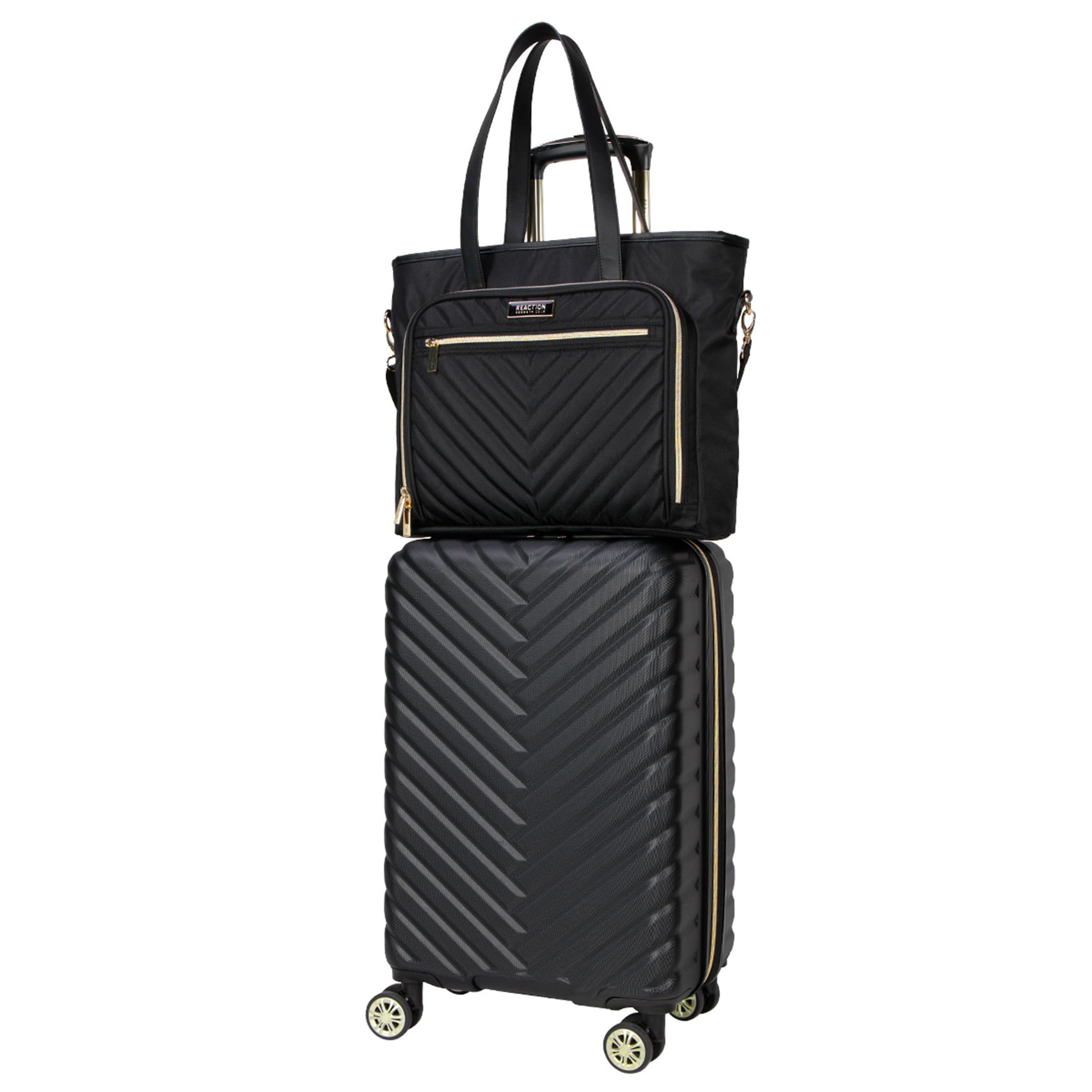 Madison Square Lightweight Hardside Chevron Expandable Spinner Luggage, Black, 2-Piece (20" Carry On + Tote)