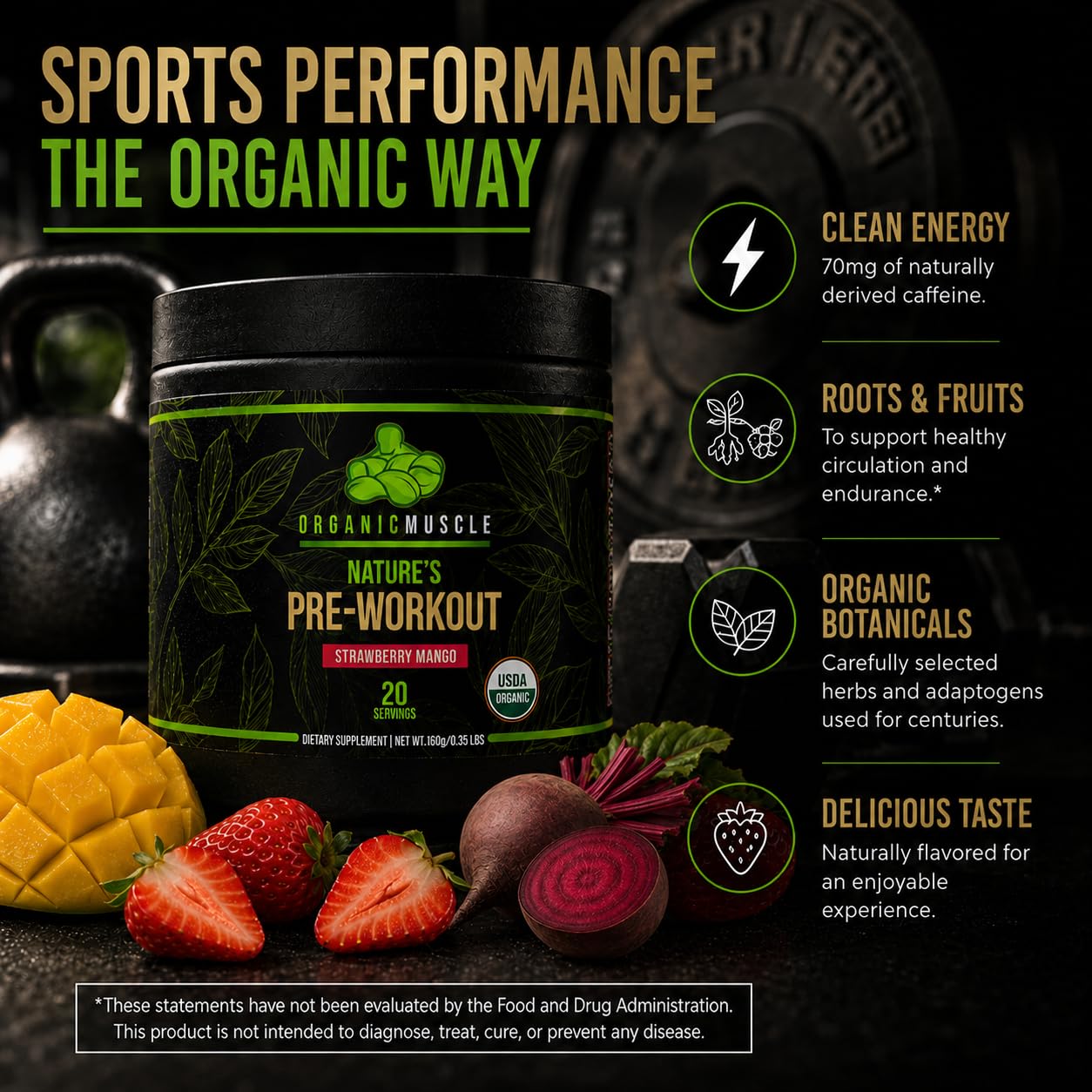 Organic Muscle Pre Workout Powder Strawberry Mango USDA Organic 20 Servings — Amazon image 4