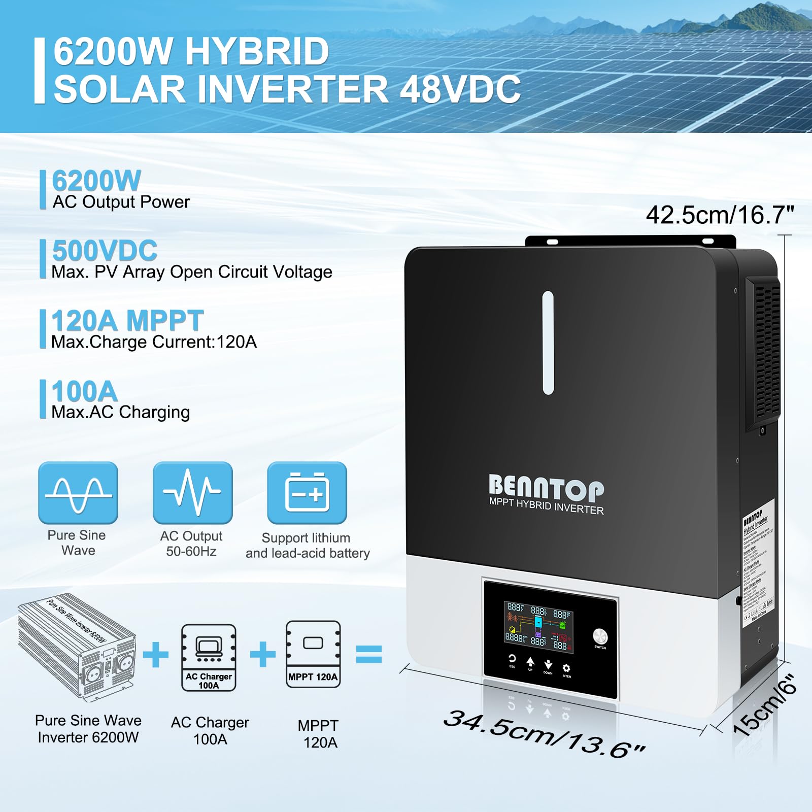 6200W Onduleur Solaire Hybride 48V 220/230V Pure Sine PV Max.500V avec 120A MPPT contrôleur de Charge Solaire Pure Sine Off-Grid Wave Inverter for Lead Acid and Lithium Batteries (6200EU48)