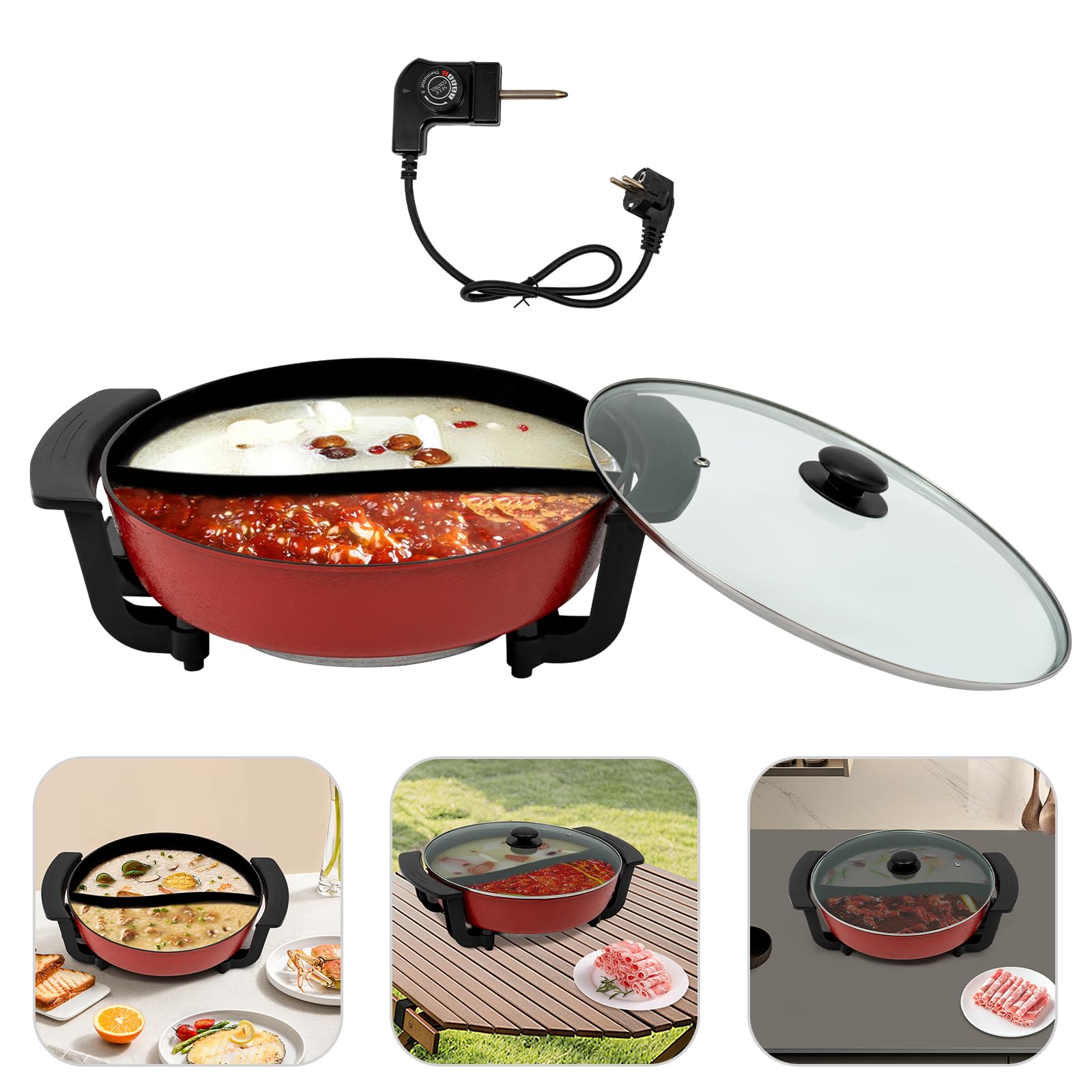 Hot Pot - Wok eléctrico, olla con divisor, cacerola de cocina, olla antiadherente china, fácil de limpiar, calentamiento rápido para el hogar, la oficina y el dormitorio, color rojo