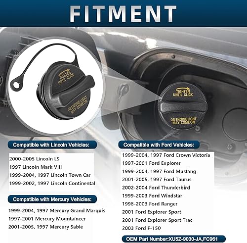 Miniatura 2 de Tapa de depósito de combustible compatible con Lincoln Ford Mercury, 1999-2004, Ford Mustang 1997, Ranger 1998-2003, Lincoln LS 2000-2005, Explorer