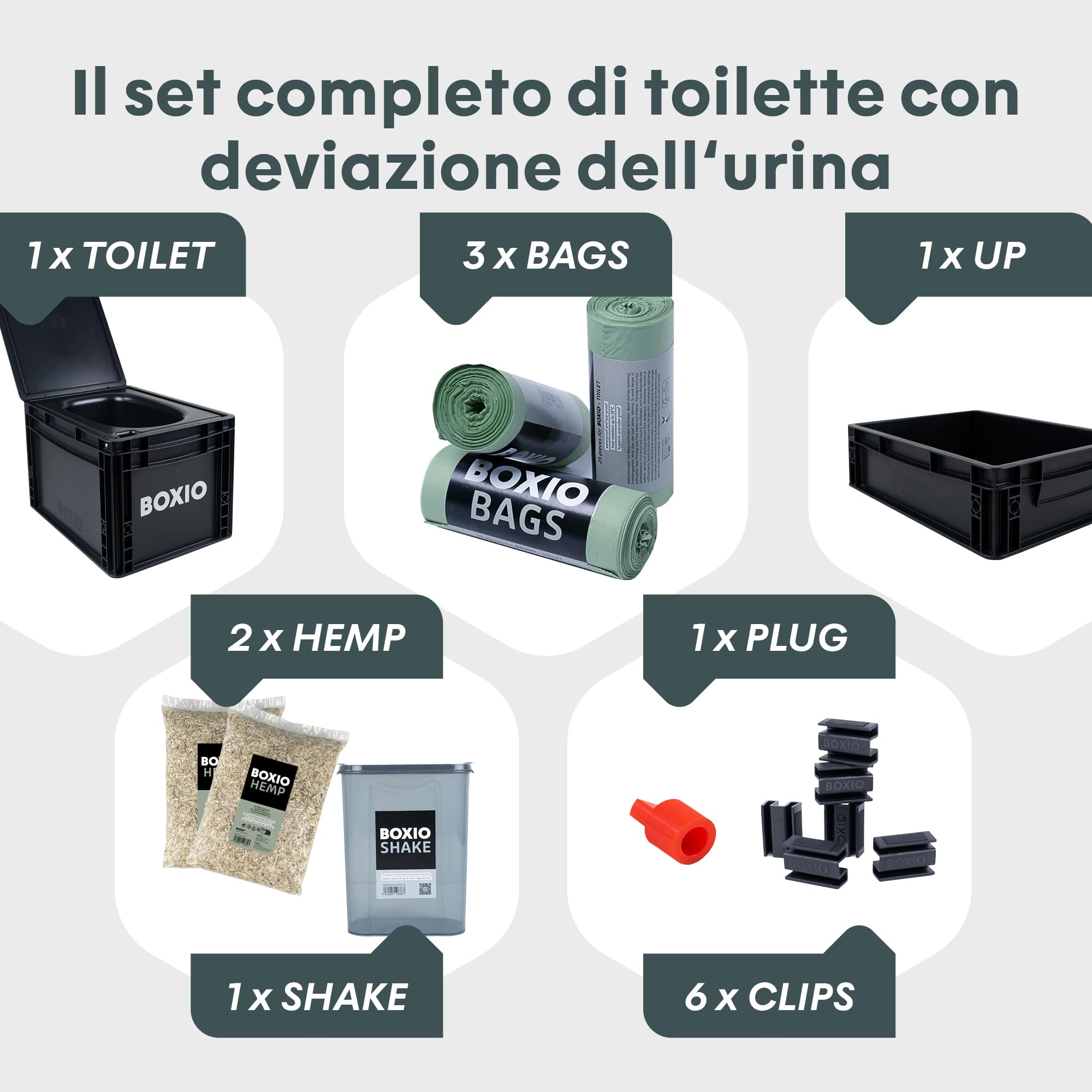 BOXIO Toilet MAX+ - Set completo di servizi igienici separatori mobili, WC compatto da campeggio, 40 x 30 x 28 cm, con rialzo per WC, 3 sacchetti, 2 lettiera di canapa, 6 clip, colore nero