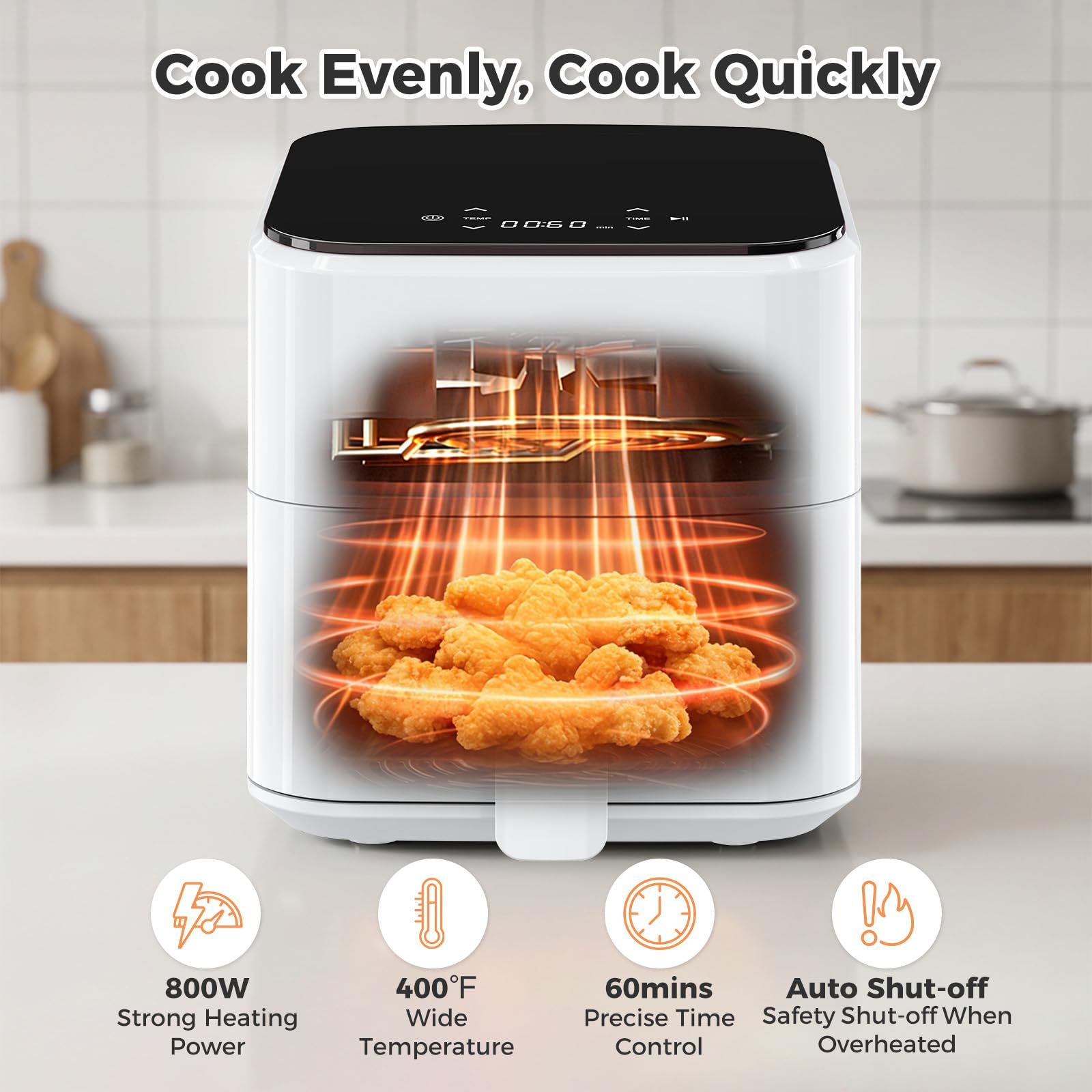 OLIXIS 3QT Air Fryer, Small Air Fryer with Digital PP Touch Panel, 400℉ Max Temp, Overheat Protection and Auto Shut-off, Nonstick and Dishwasher Safe Basket for Roast, Bake, Broil, Reheat, White view 3