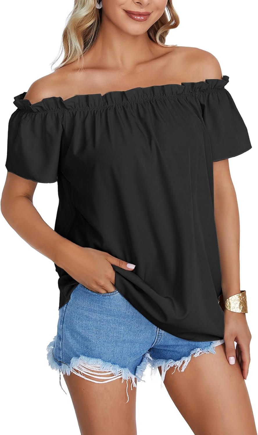 LYANER Women's Off Shoulder Ruffle Short Sleeve Ruched Casual Loose Tops Blouse Shirt