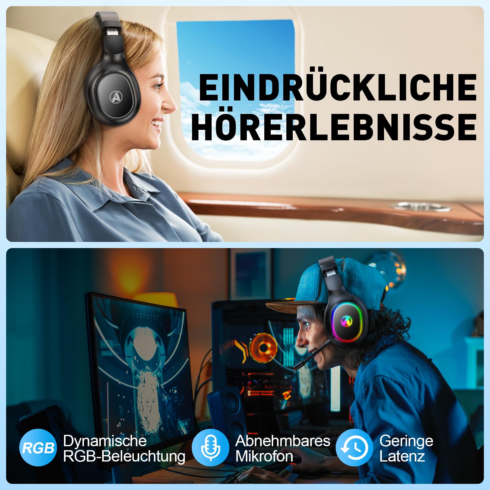 Wireless Gaming Headset für PS4, PS5, PC, Mac, Switch, 2,4 GHz Gaming Kopfhörer mit Geräuschunterdrückung und RGB Licht, Bluetooth Kopfhörer mit Kabel 3.5mm, Schwarz