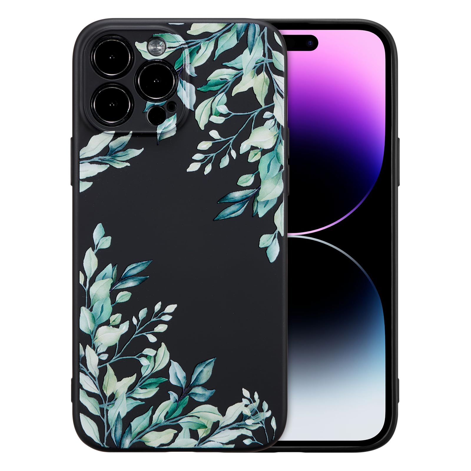 RALEAVO Case for iPhone 14 Pro Max,Liquid Silicone Cover with Cute Leaves Pattern Floral Phone Cover for Girls Women Slim Soft Rubber Protective Phone