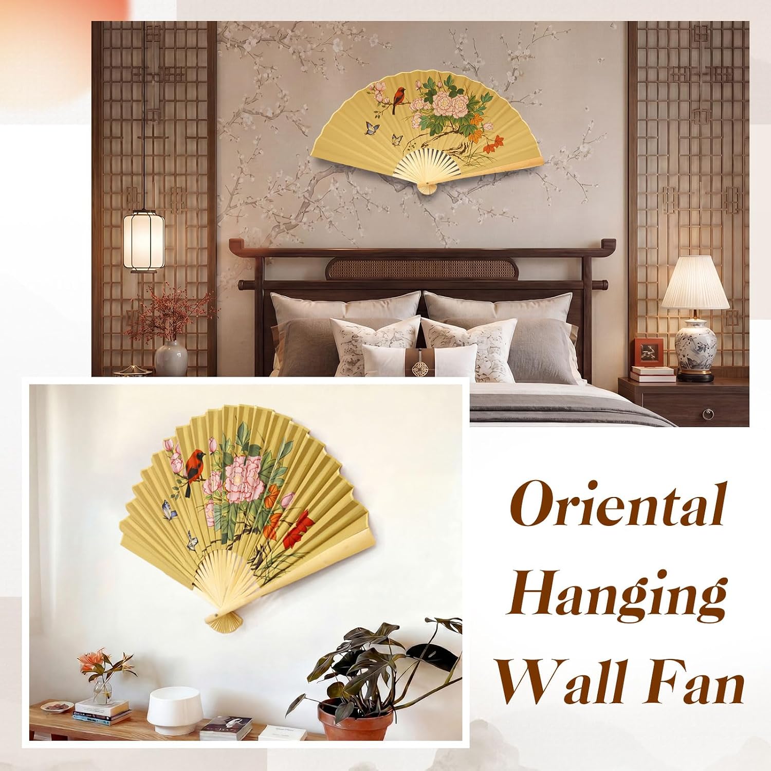 Quzzil Giant Fan Wall Decoration 43 Inch Large Chinese Traditional Fan Wall Art for Hanging Headboard Decorative Bamboo Decoration for Background Living Room Bedroom Headboard Art(Elegant)