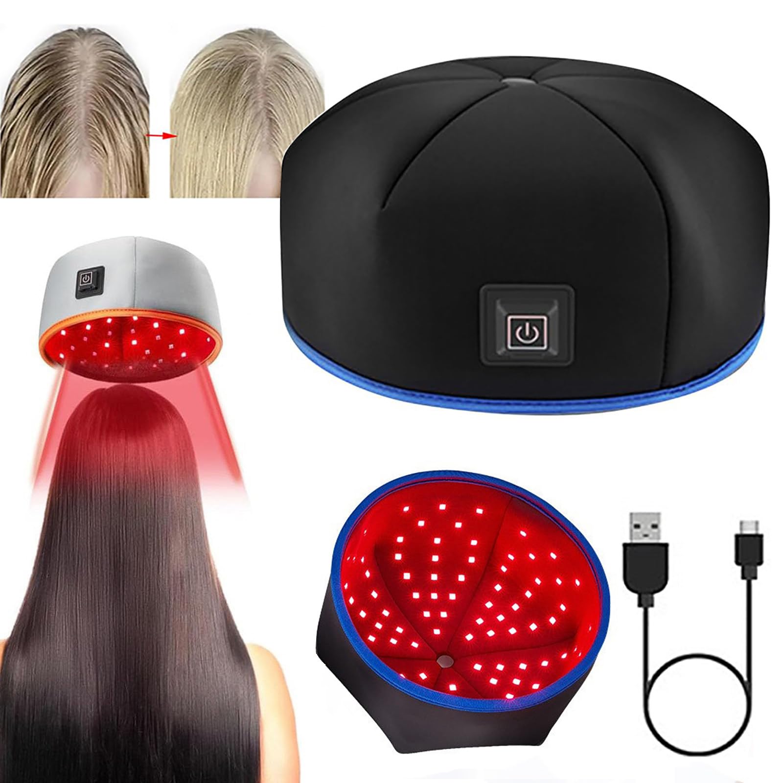 Casque de Croissance des Cheveux (660nm, 850nm), Bonnet De LuminothéRapie à Double Longueur d'onde, RéGlage à 3 Vitesses, AméLiore La Santé du Cuir Chevelu,Black