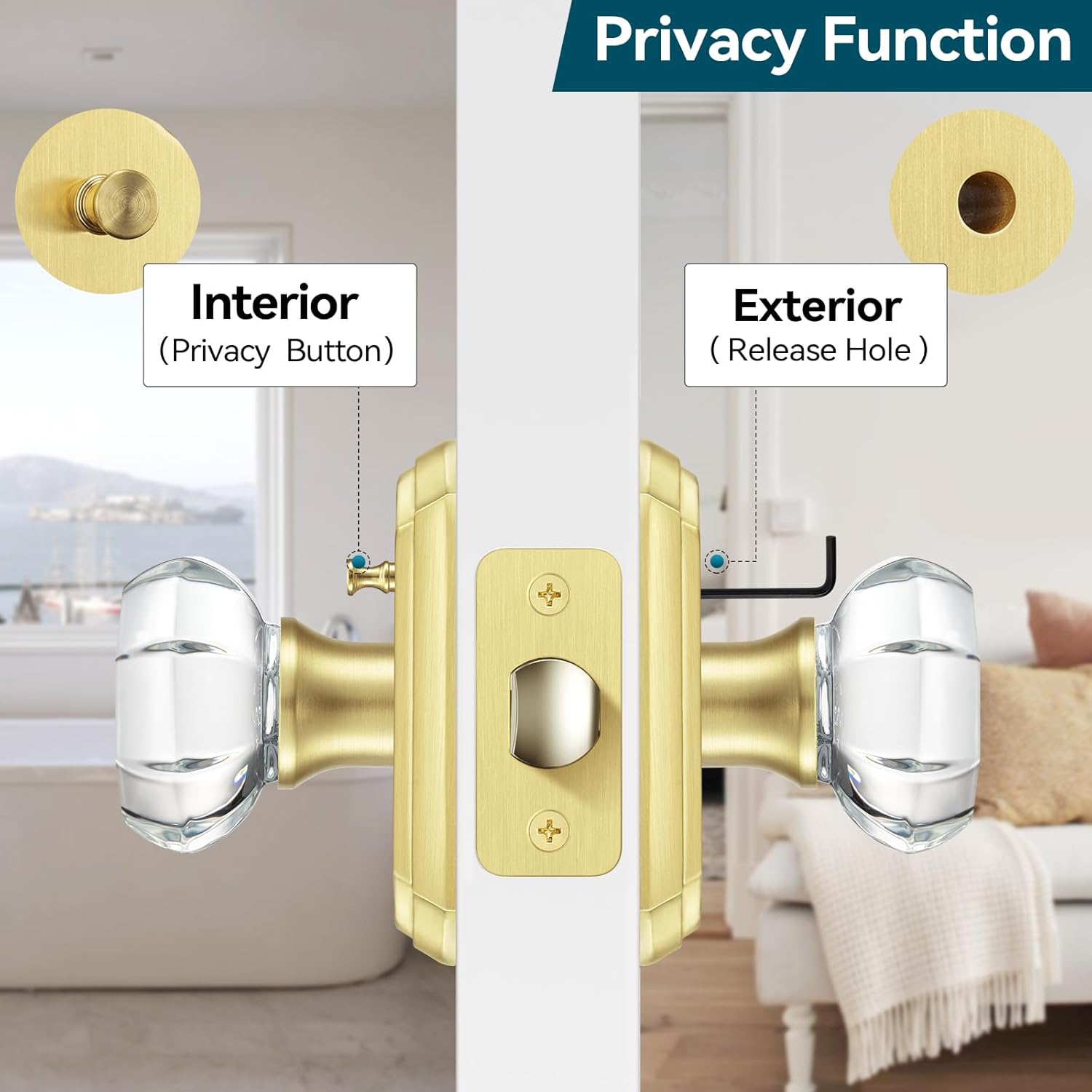 5 Pack Gold Glass Door Knobs, Octagon Crystal Door Knobs Interior with Lock, Satin Brass Glass Doorknobs for Bedroom Bathroom, Antique Crystal Door Knob Set