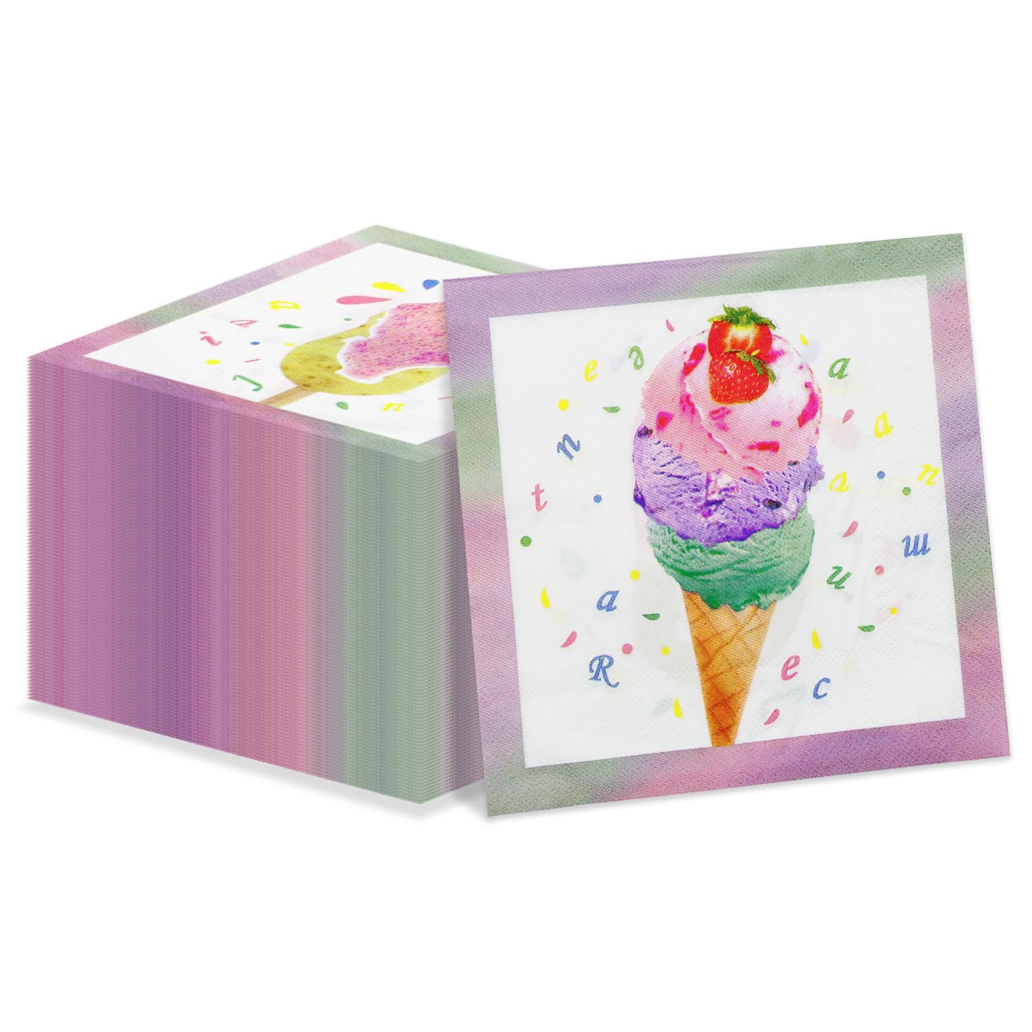 100Pcs Ice Cream Napkins - 13 x 13inch Pink Sweet Party Paper Napkins Luncheon Dinner Dessert Paper for Kids Summer Birthday Celebration Baby Shower Ice Cream Party Supplies