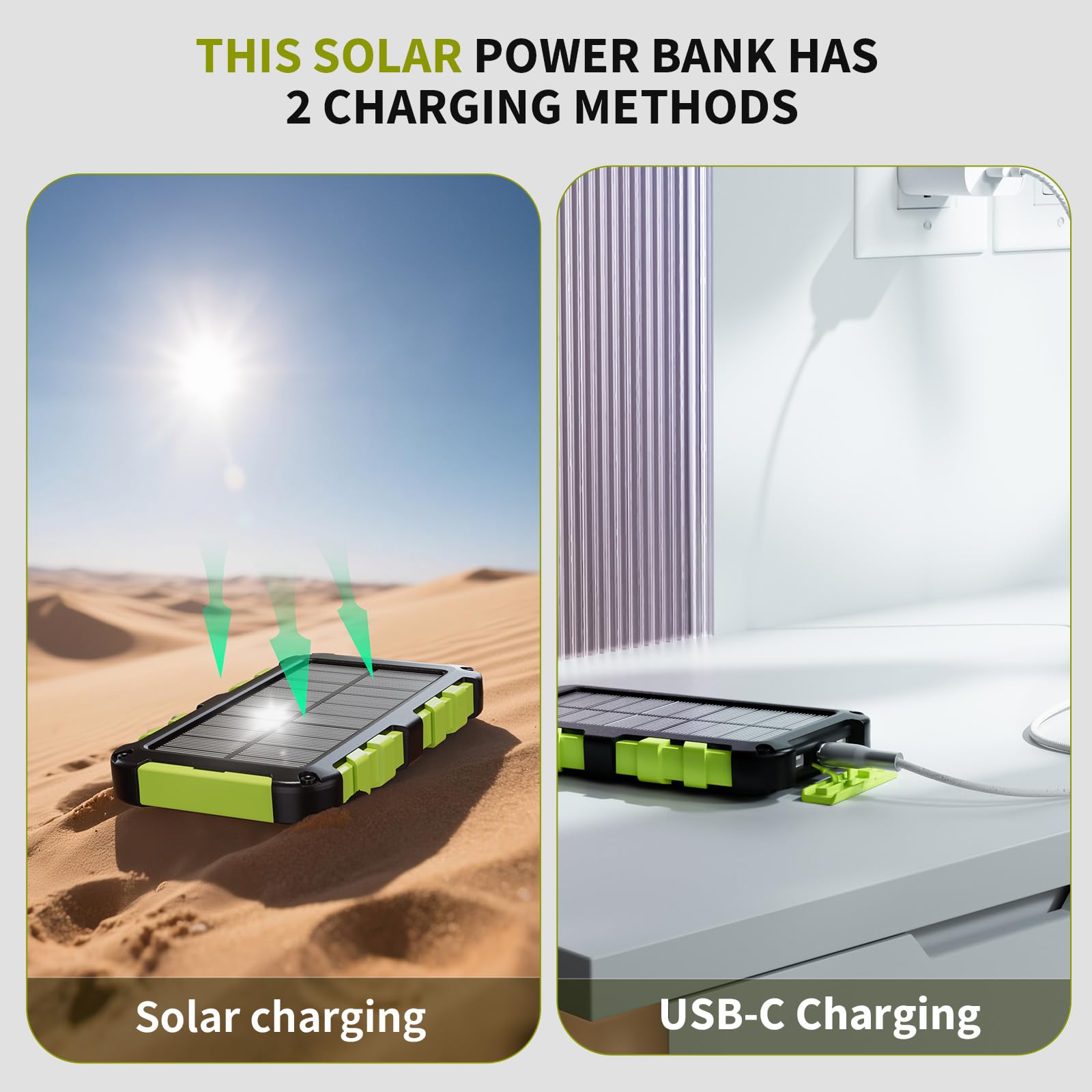 Batterie Externe Solaire 10000mAh PD 15W Chargeur Solaire avec 2 Ports USB et Une Entrée USB-C Charge Rapide Solar Power Bank Imperméable Compatible avec Téléphone Tablette Camping, Vert