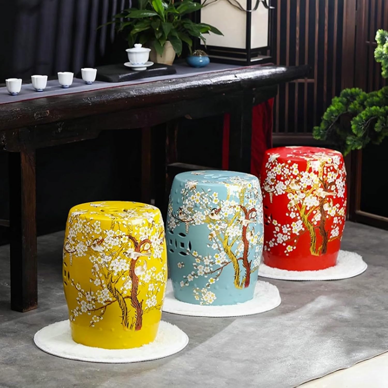 Decorative Ceramic Garden Stool, Ceramic Drum Garden Stool, Drum Indoor Outdoor Garden Stool, for Terrace, Patio, Cottage
