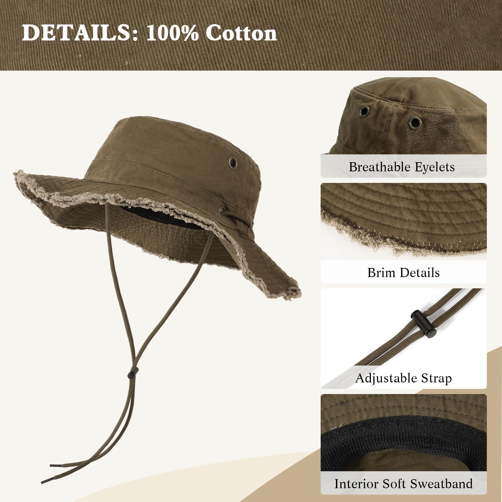 Sombrero del Pescador Mujer Verano Sombrero de Sol ala Ancha de Algodón con Protección UV Gorro Mujer Plegables Safari Bucket Hat para Senderismo Playa Montañismo Viaje