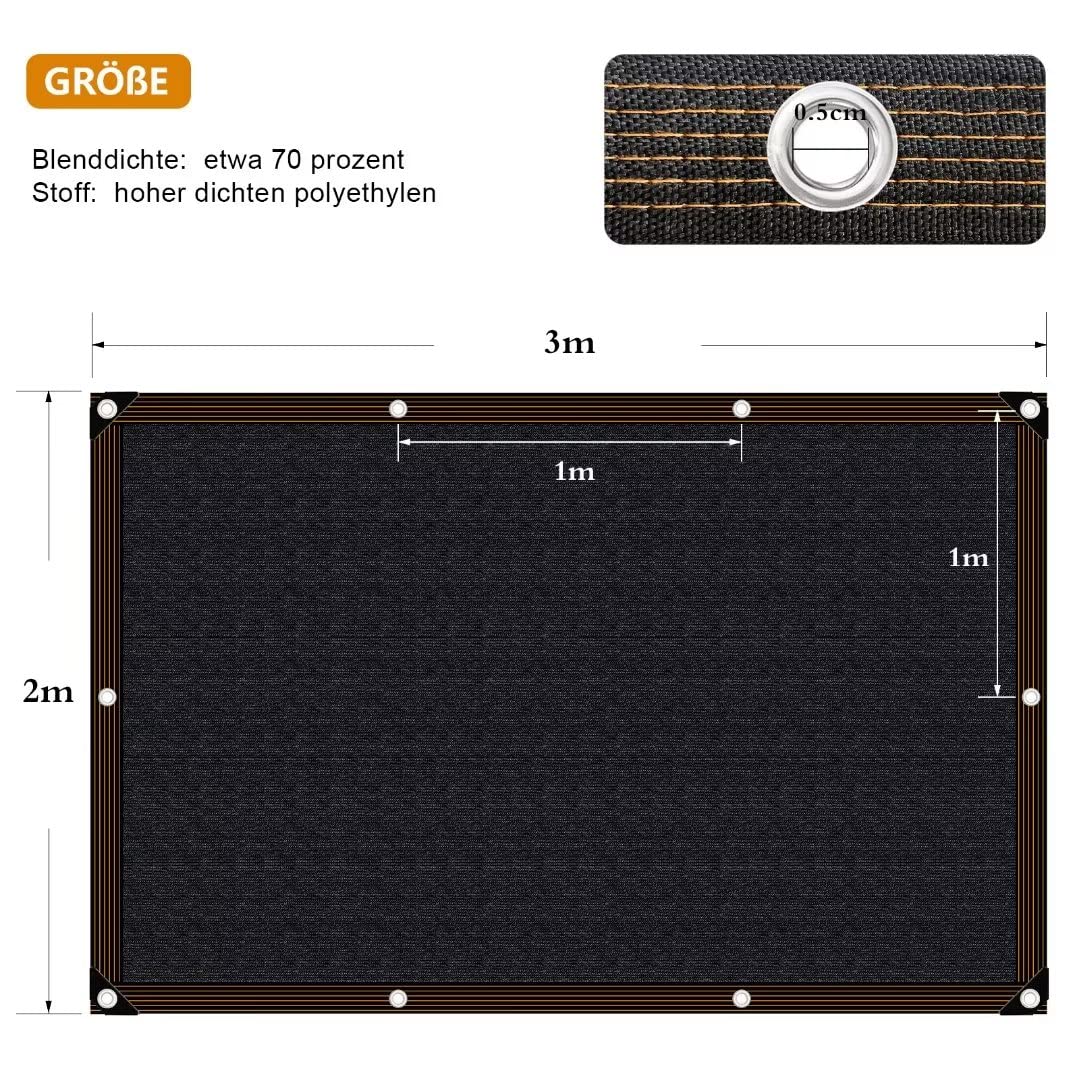 Rete parasole, 2 x 3 m, colore nero, rete ombreggiante da giardino, con occhielli, 70% ombreggiatura, resistente ai raggi UV, per la protezione delle piante, fienile o canile
