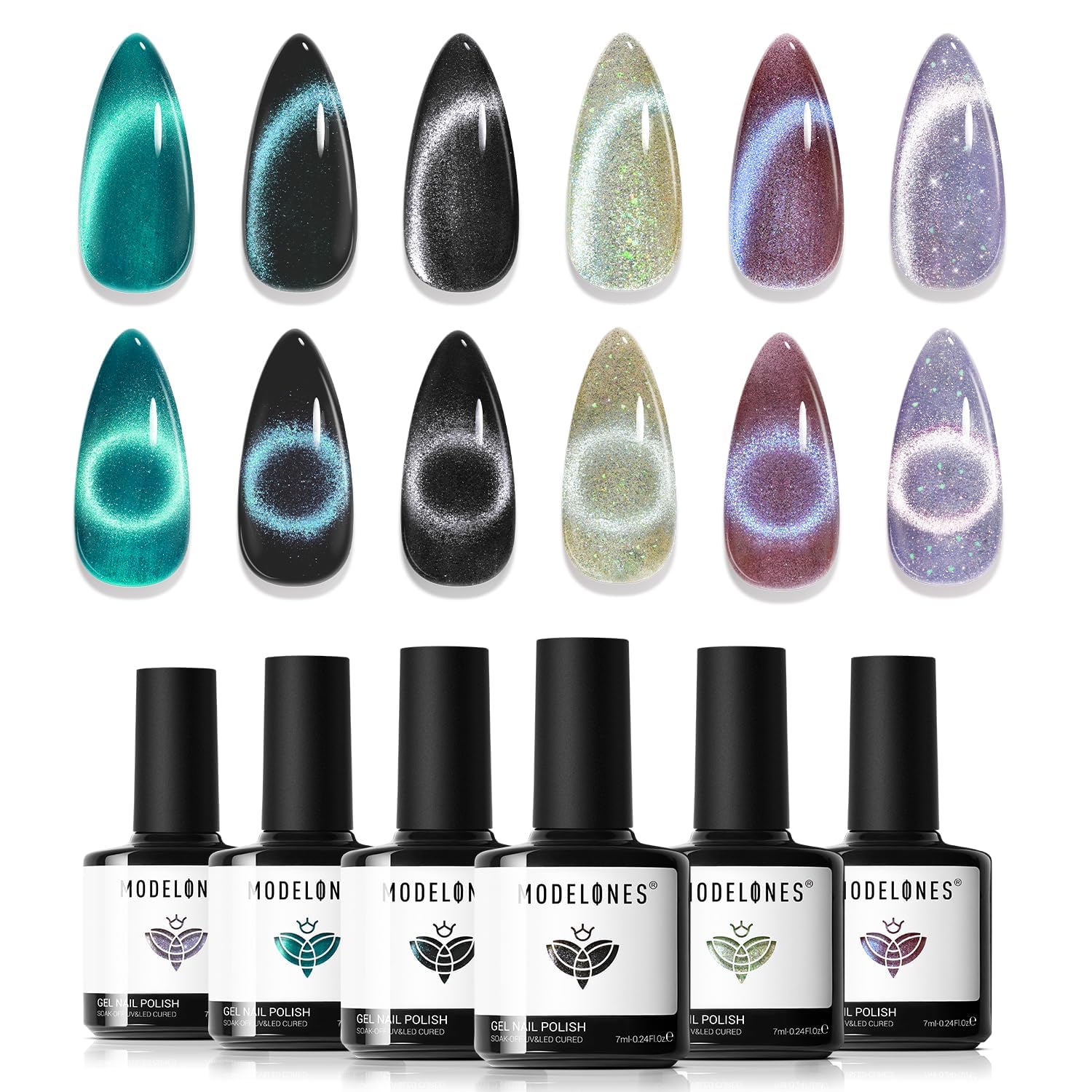 Modelones Gel Nail Polish Set, 6 Colors Cat Eye Gel Polish Holographic 9D Glassy Glitter Nail Polish Set Black Blue Purple Green Nail Varnish Kit Soak Off Nail Art Manicure DIY Salon for Women