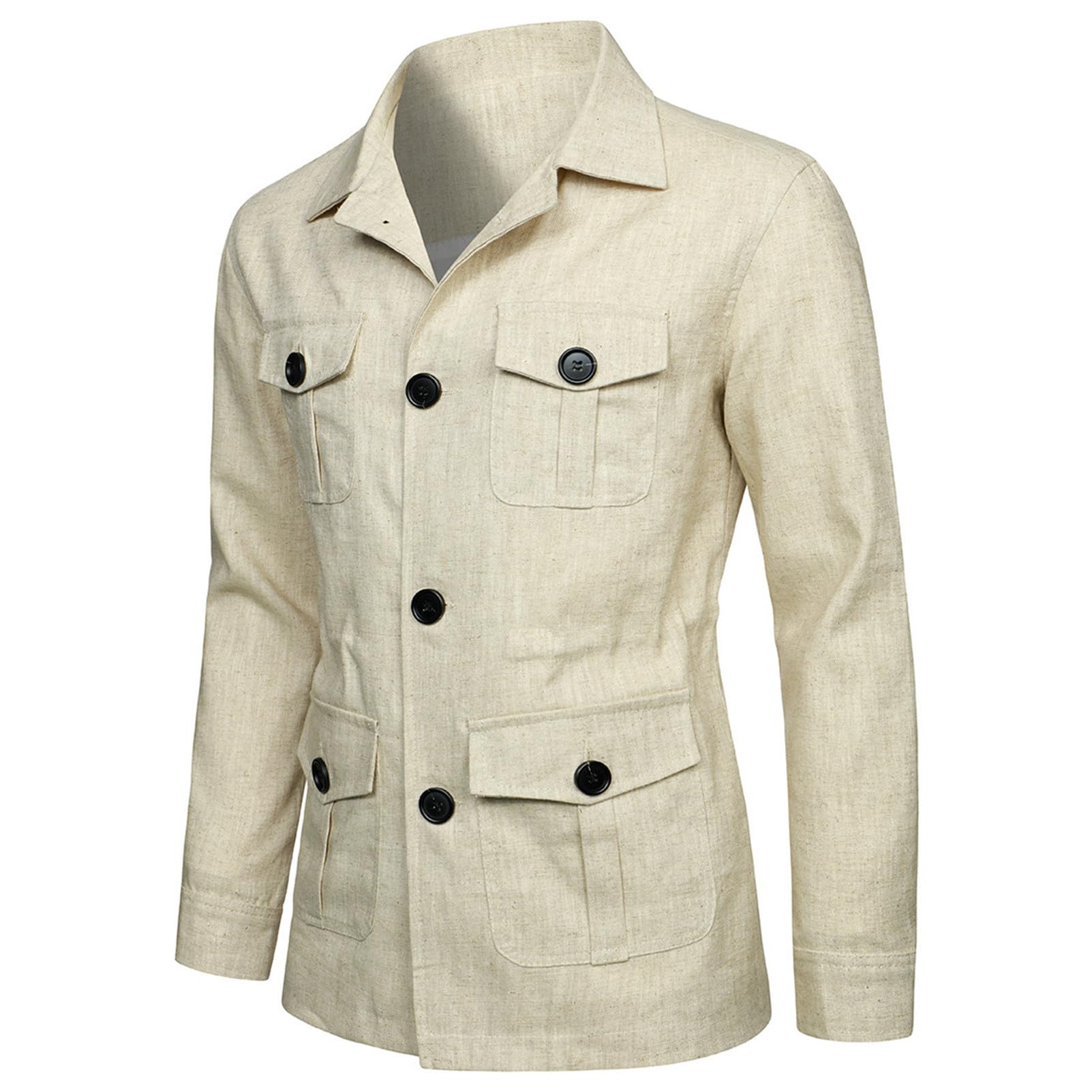 Giacca di Lino Leggera da Uomo Bottoni Traspirante Casual Blazer Cappotto con Tasche