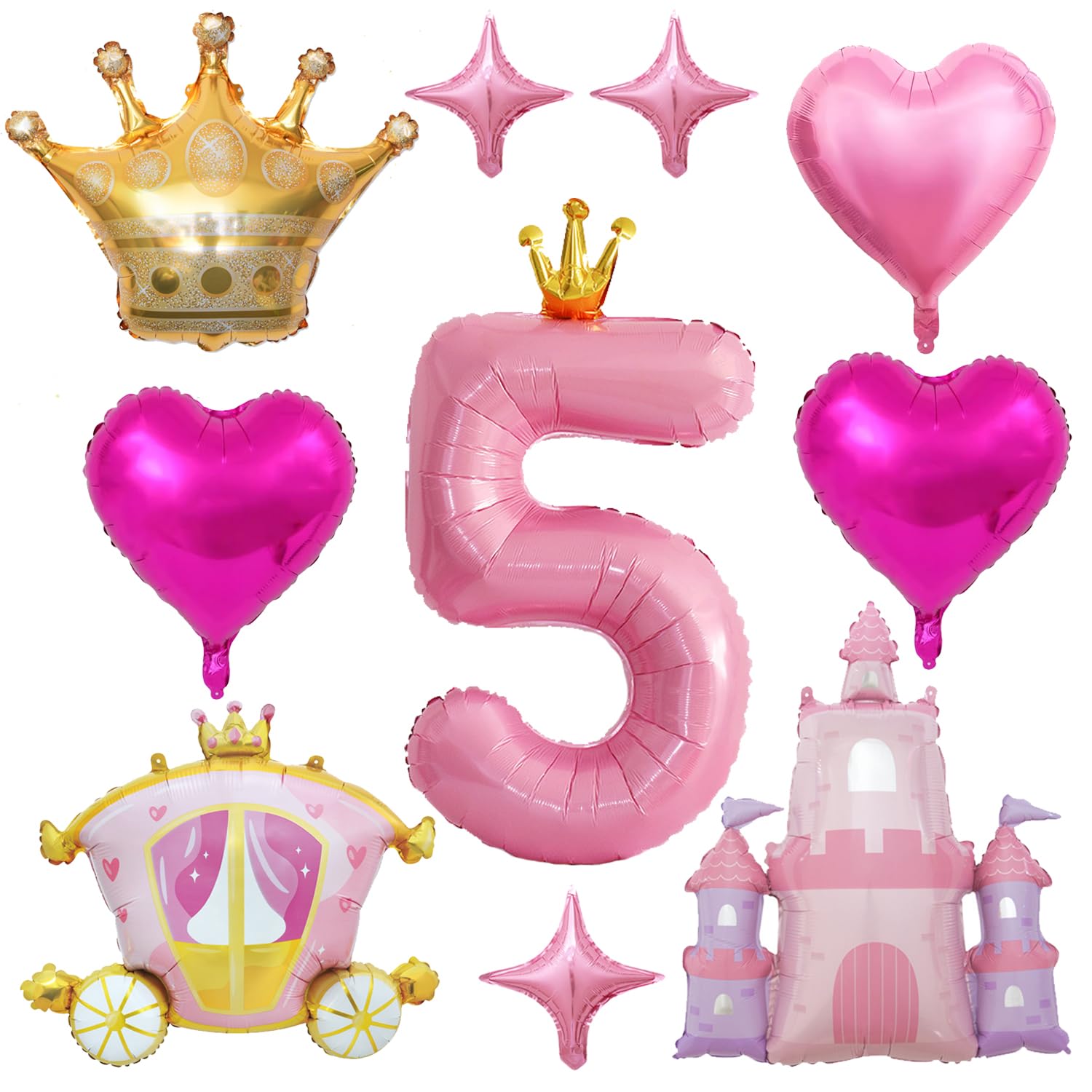 Princess Balloons for Girls' Birthday Party Decorations Pink Gold Crown Castle Balloon,Heart Star Foil Balloon Carriage Balloon 40in Large Number Foil Balloon (5th)