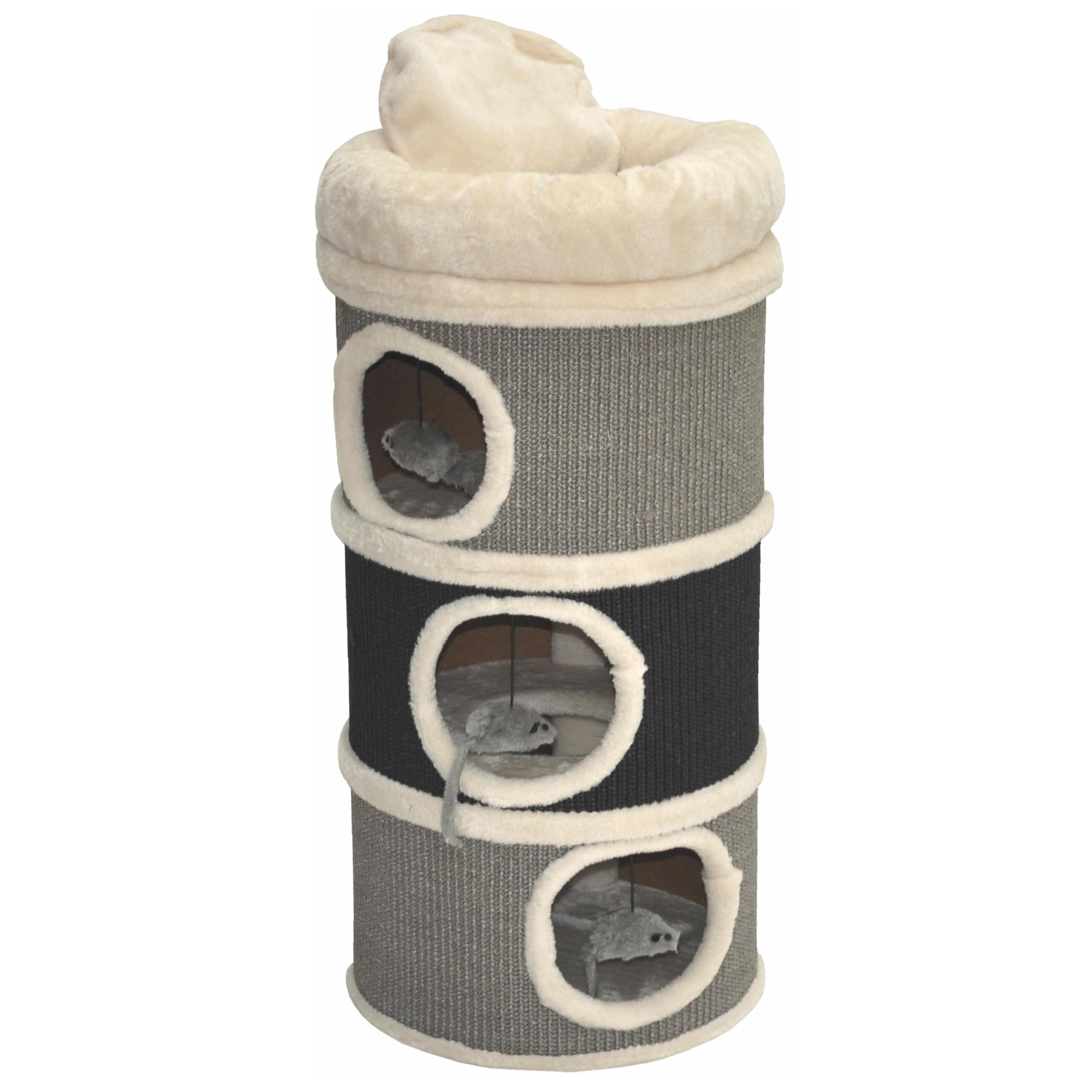 nanook Bella Tonneau à chat en sisal, hauteur 80 cm, diamètre : 35 cm, arbre à chat avec 3 niches, arbre à chat, tour à chat en sisal, meuble pour chat, gris/noir