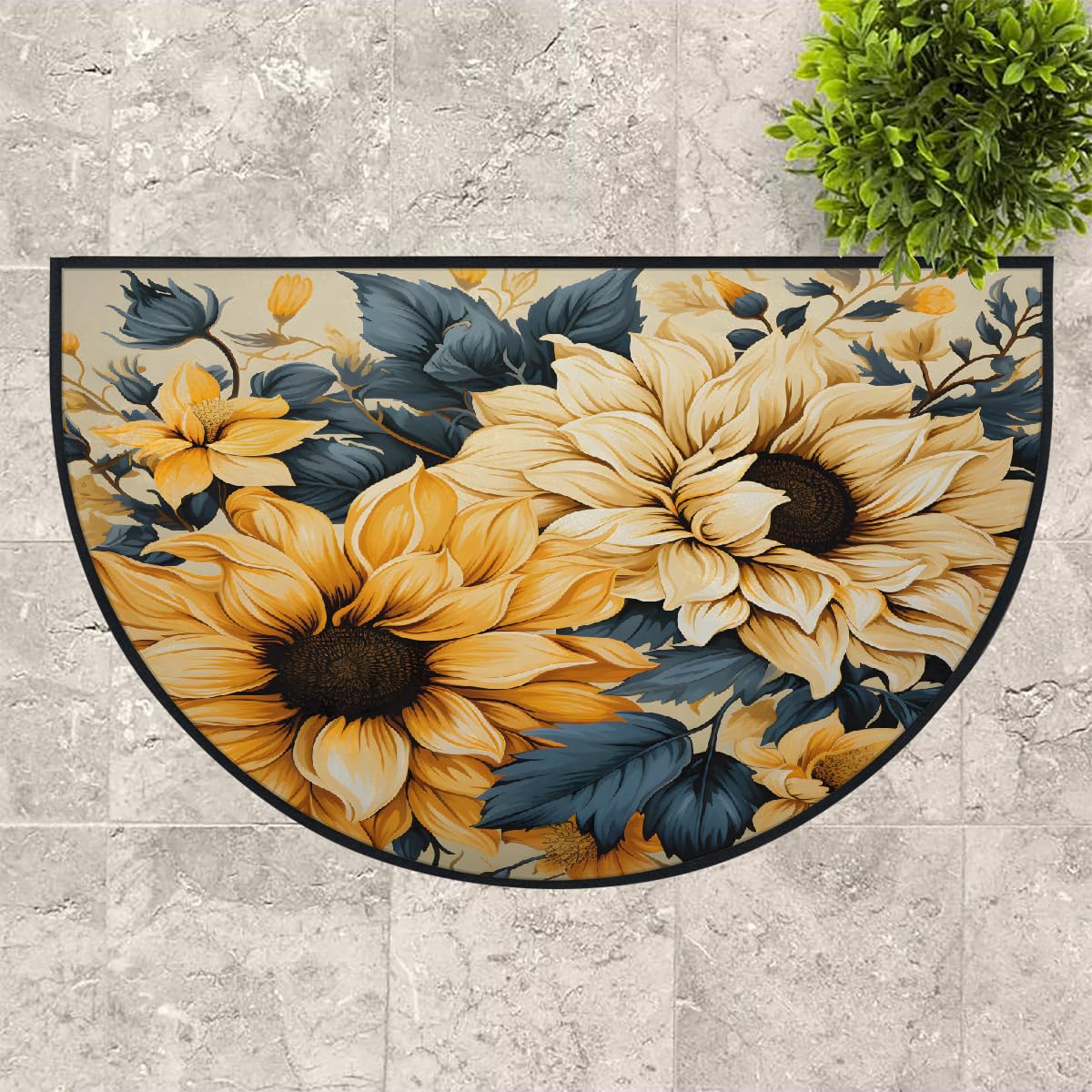 Mexpekil Paillasson bohème motif tournesols en demi-lune pour intérieur et extérieur - Tapis de sol antidérapant - Lavable - Absorbant la saleté - Demi-rond - 100 x 160 cm
