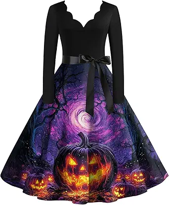 OIOLOYJM Sexy Plus Size Halloween Costumes Woman 2025 Long Sleeve V Neck Printed Gothic Retro Formal Party Dresses for Women