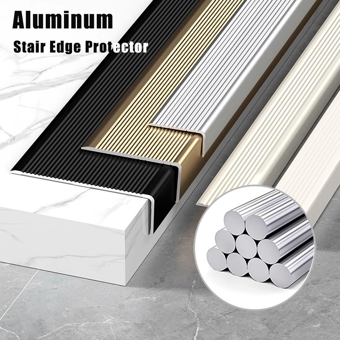 Tira de Borde de Escalera Antideslizante para Interiores 110/120cm, Moldura de Borde de Escalón en Forma de L de Aluminio para Exteriores(Gold,150cm/59in)