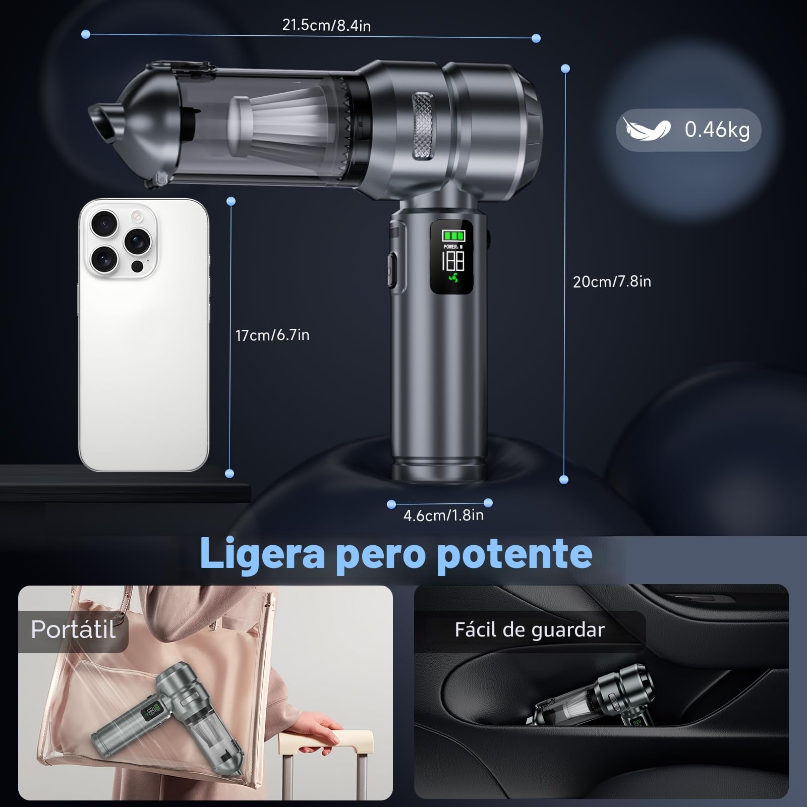 HOVIN Aspirador de Mano – 26000 pa Aspiradora Coche, Aspiradora de Mano Potente, 4 en 1 Mini Aspiradora de Mano con Motor Sin Escobillas, 3 Niveles, para PC, Mascotas, Casa, Coche