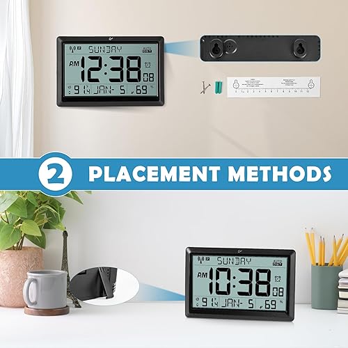 Miniatura 6 de Amgico Reloj de pared digital, reloj atómico de pantalla grande de 10.5 pulgadas, funciona con pilas, ajuste automático de calendario digital con