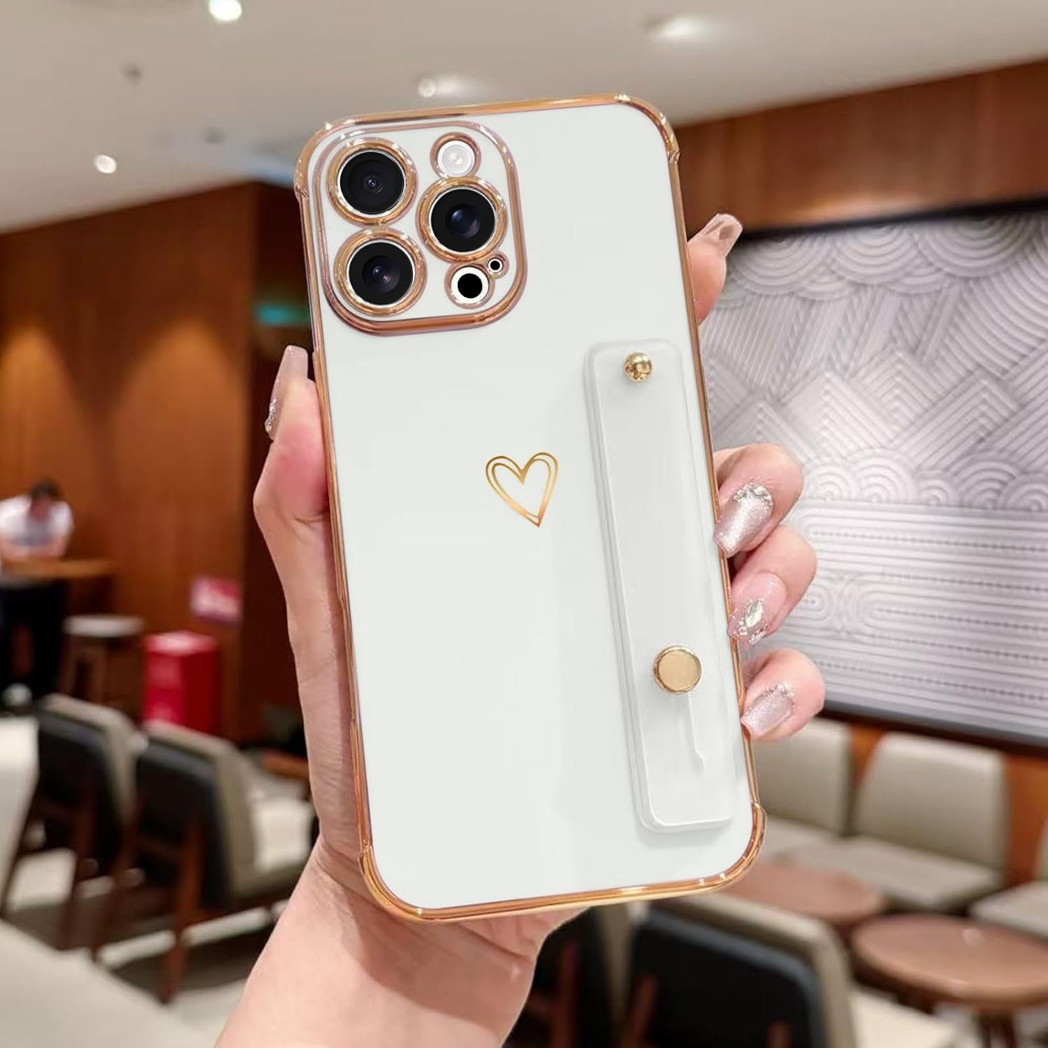 for iPhone 16 Pro Case for Women Girls, Bling Luxury Plated Bumper with Cute Love-Heart Design, Adjustable Hand Strap Stand, Raised Edges Shockproof Protection for iPhone 16 Pro - White - Image 2