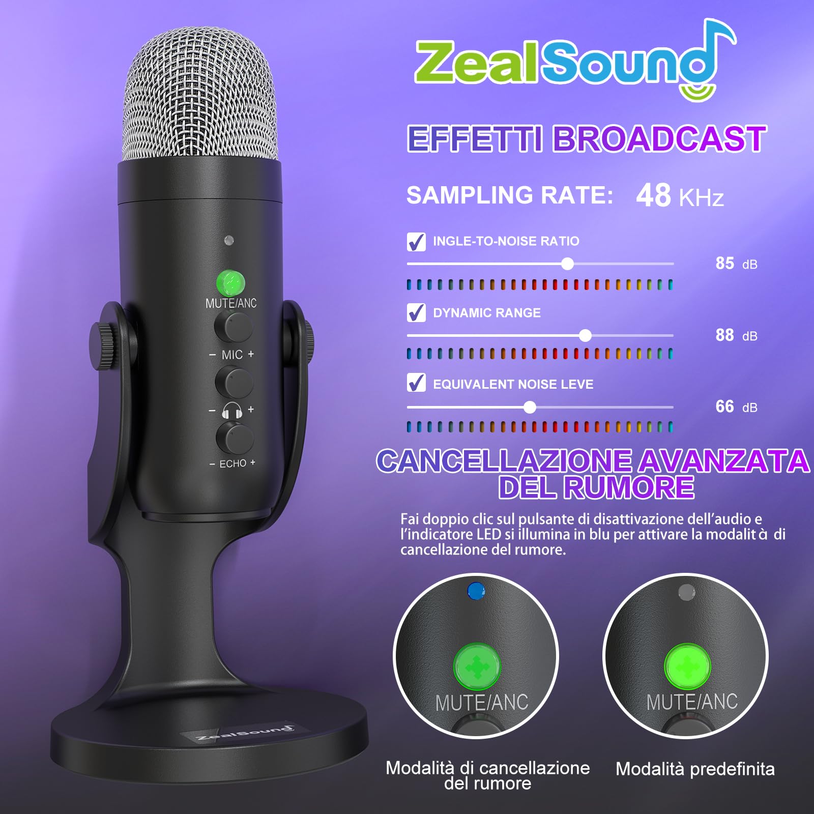 ZealSound Microfono wireless,microfono USB per *Phone/PC/iPad/Android Phone-microfoni da tavolo a condensatore senza fili con monitoraggio dell'eco muto, Bluetooth 2,4 GHz per Podcast/ASMR/Video