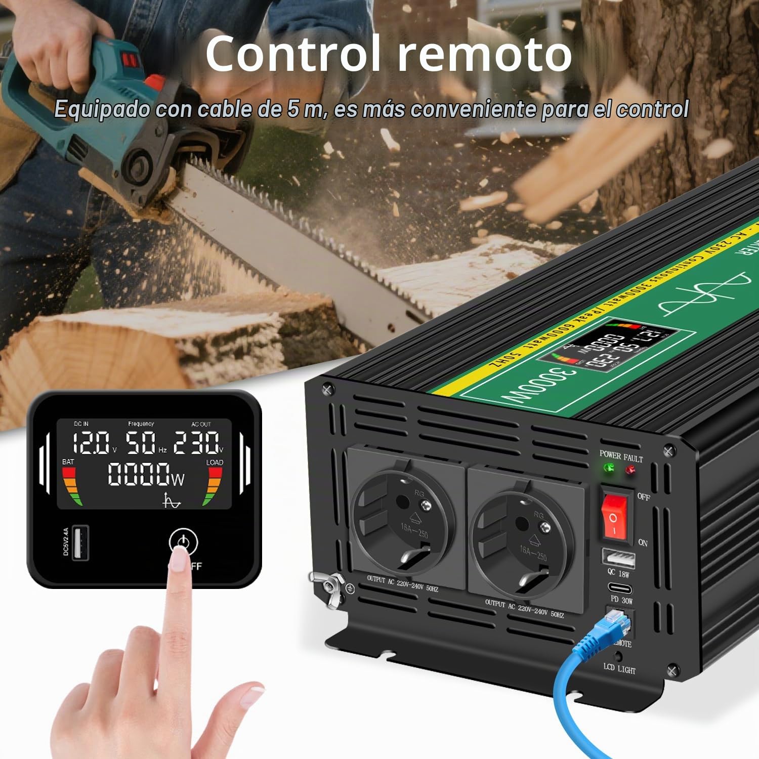 JIGUUN 3000W Inversor 12V 220V Onda Pura Convertidor Inverter con 2 Tomas UE y un USB ，Mando a Distancia e indicador LCD，Potencia máxima 6000W para RV, Viajes, emergencias (3000W12V-P)