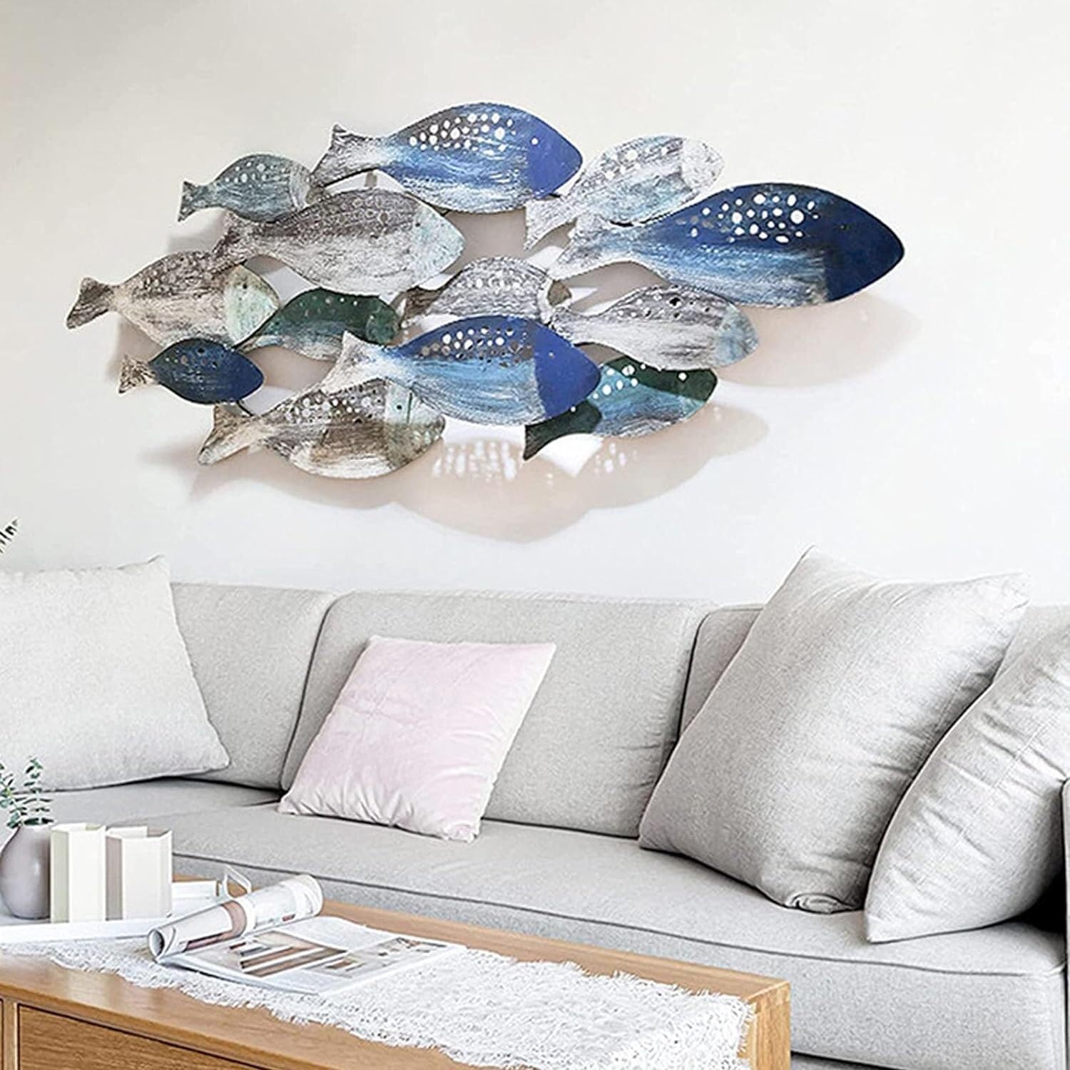 Dekoracje Ścienne Przybrzeżna Oceaniczna Metalowa Ryba Dekoracje Ścienne Rzeźba Ścienna Ręcznie Malowana Wisząca Dekoracja Do Salonu Sypialnia Ozdoby Domowe(126 * 53cm)