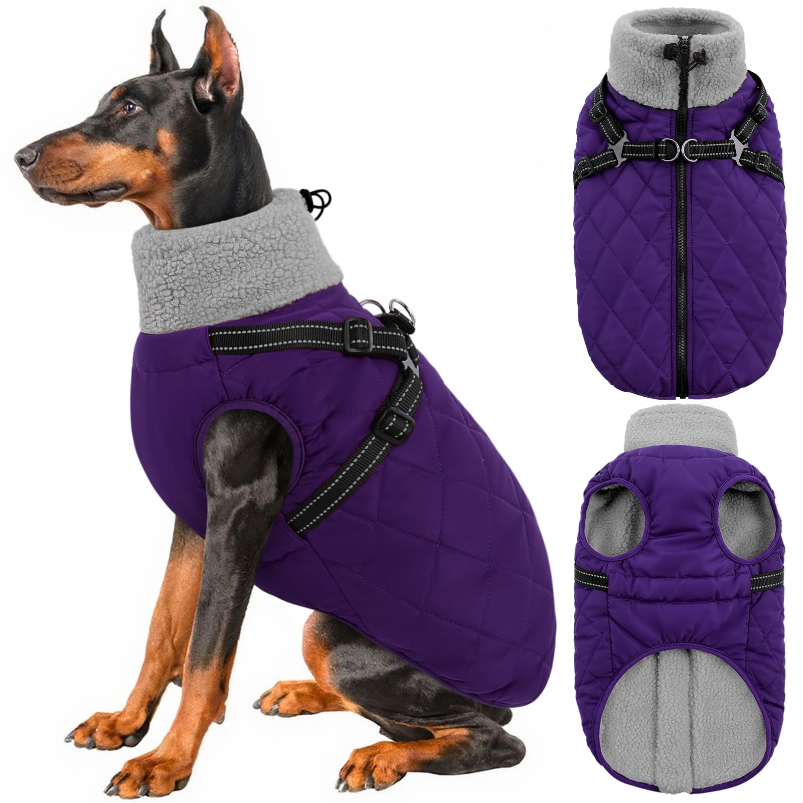 Queenmore 2XL Waterproof Dog Coat with Harness - 3-Layer Fleece Warm
