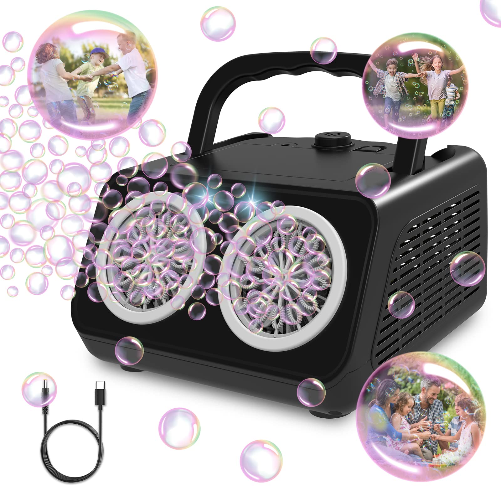 Panacare machine à bulles professionnelle,machine à bulles portable 20000+bulles/minute, 26trous de bulles/eau à bulles gratuite incluse, jouet à bulles pour enfants/mariage/anniversaire/fête de Noël