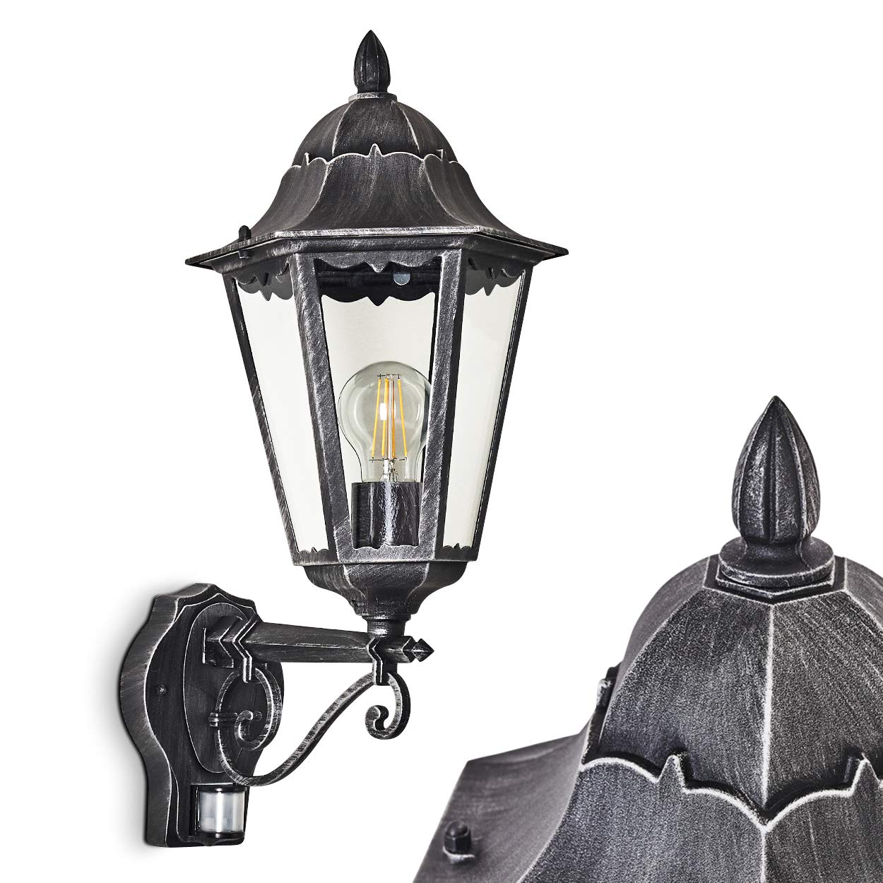 Hofstein Black Outdoor Wall Lamp Lignac W. Motion Detector, Wall Light Upwards In Antique Look, Cast Aluminium In /Silver With Clear Glass Panes, Wall Lamp For Terrace With E27-Socket, Vintage, Without Bulbs