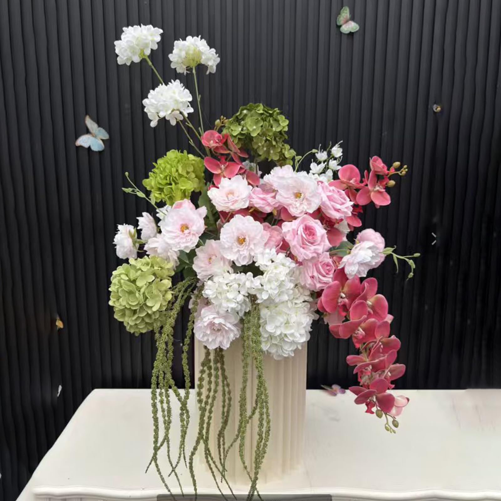 Pink White Green Artificial Flower Centerpieces, Fake Rose Hydrangea Orchid Bouquet with Hanging Vines, Silk Floral Arrangement for Wedding Table Party Home Kitchen Dining Room Decor (Pink,60cm)
