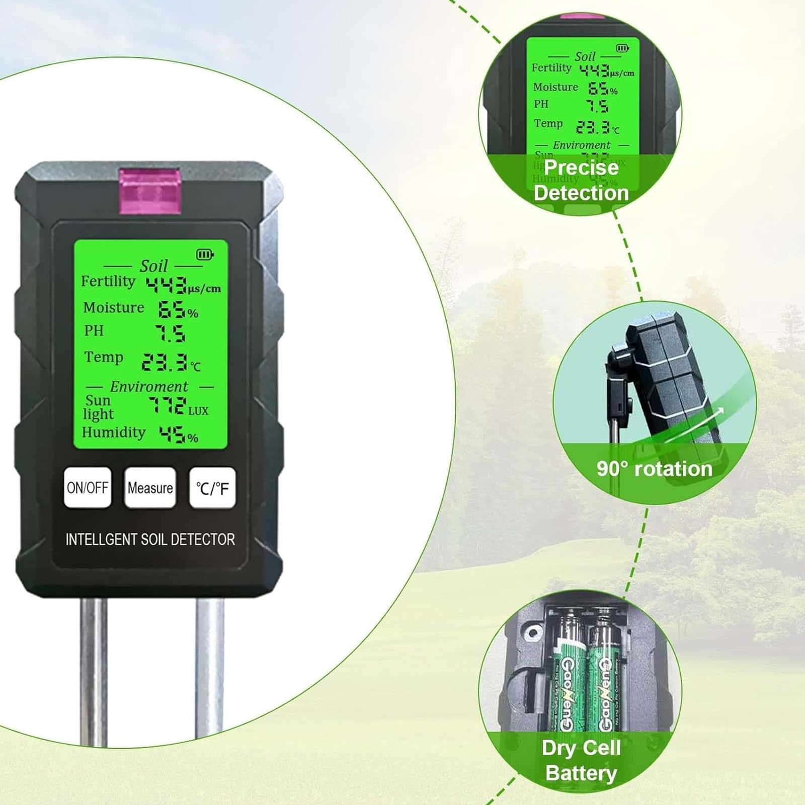 Medidor de humedad del suelo: mide el pH, la humedad, la fertilidad, la temperatura y la intensidad de la luz solar con pantalla LCD retroiluminada para jardinería y plantas al aire libre