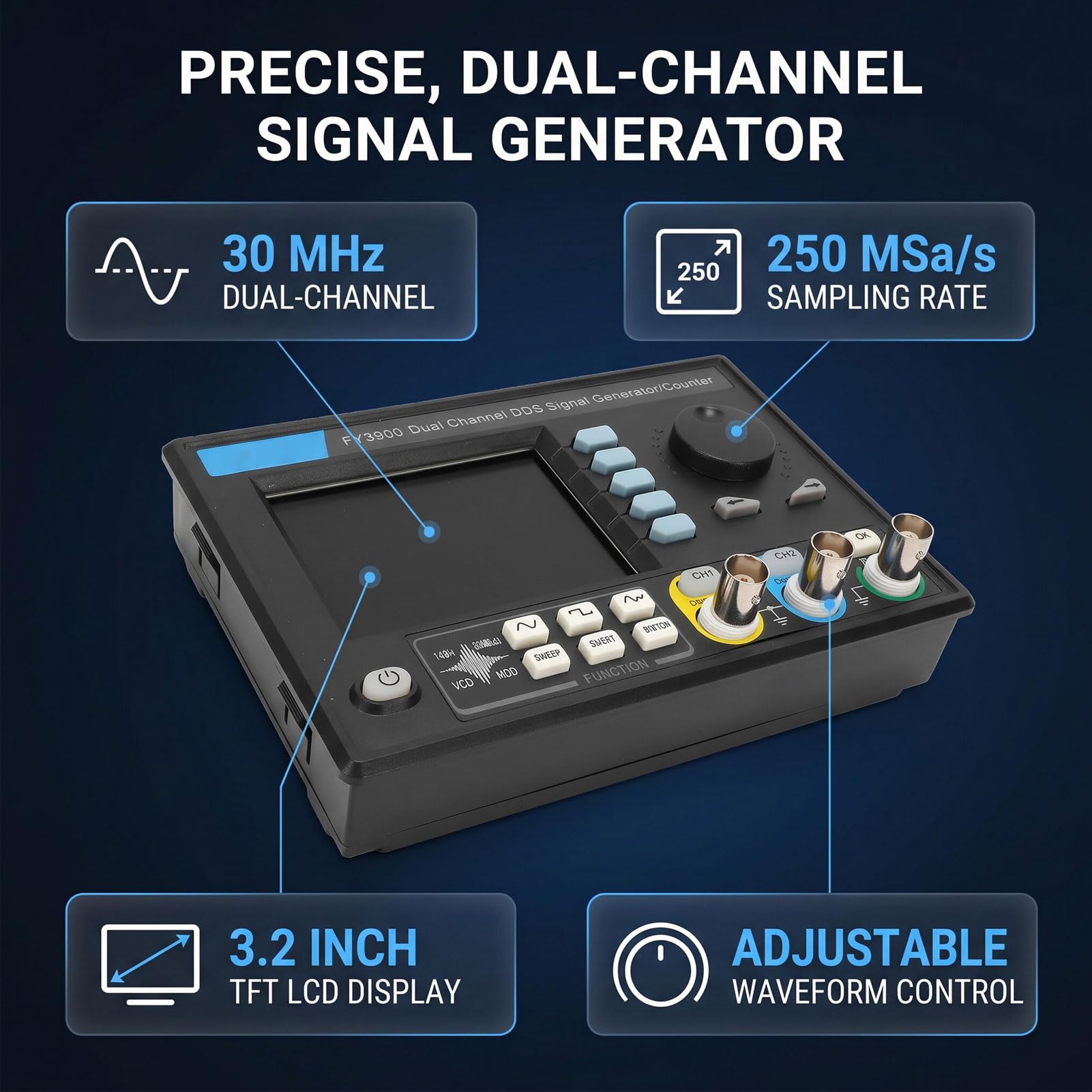Generador de Señal de Doble Canal FY3900, Generador de Funciones de 30 MHz con 250 /s y Pantalla LCD TFT de 3,2 Pulgadas para Pruebas de Laboratorio (Enchufe de la UE)