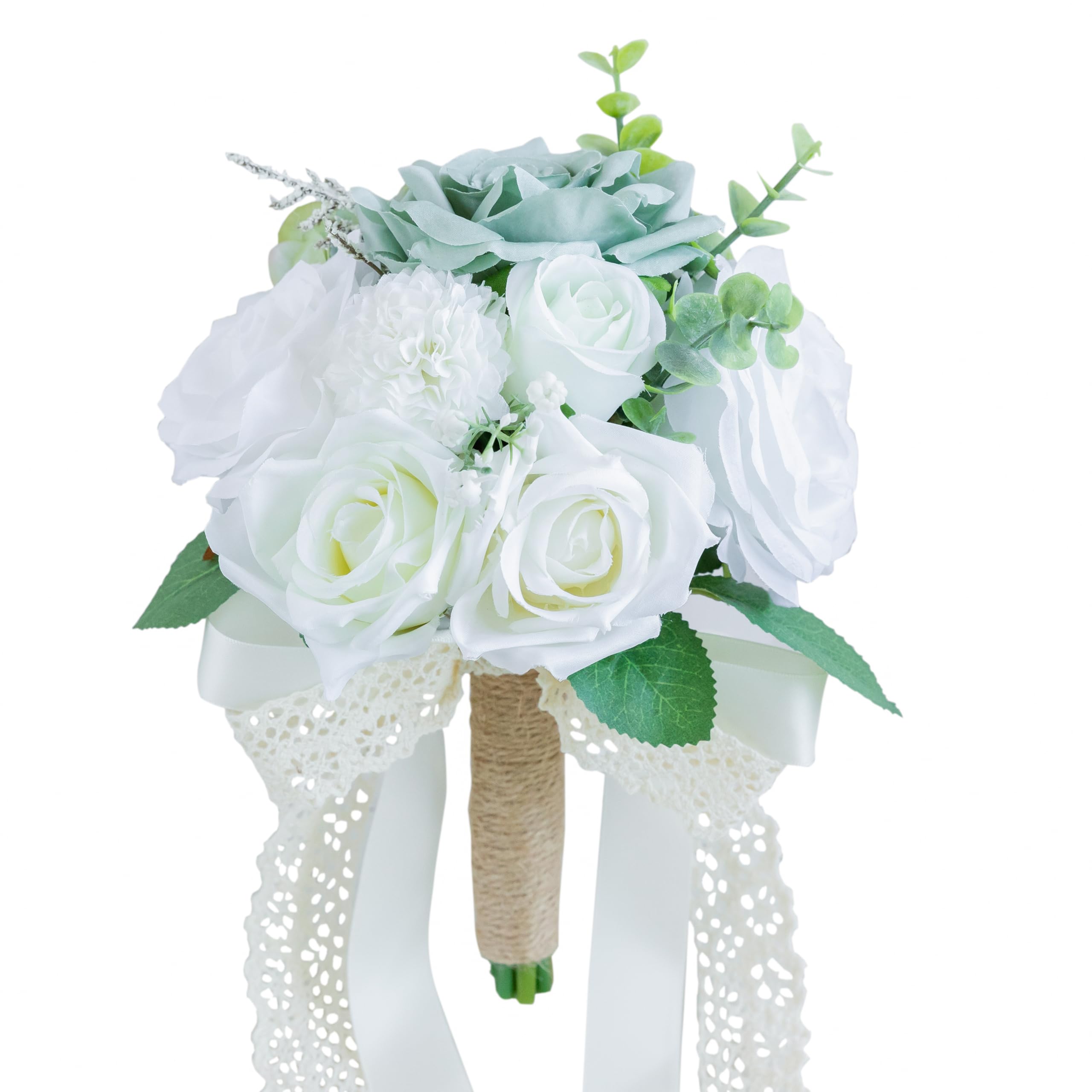 Udoula White Wedding Bouquets for Bride Bridesmaid, Artificial Sage Green Bride Flower Bouquet for Wedding Church Decoration Ceremony, Anniversary,