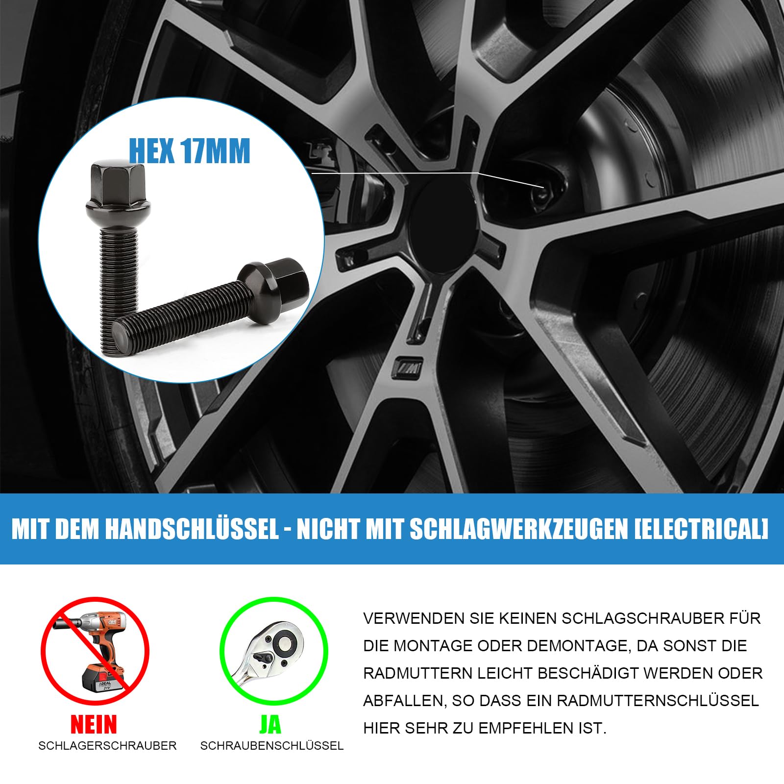 Kit 20 Bulloni Ruota Filetto Lungo 40mm per Distanziali Ruota I M14x1,5x40mm I Testa Sferica R13 I Chiave 17mm I Compatibili con originali cerchi in lega Audi e VW