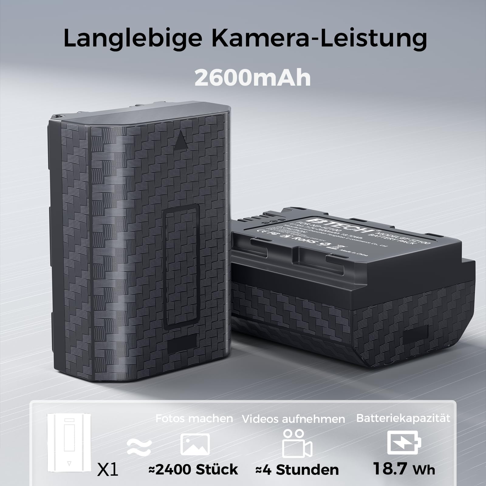 BTECH NP-FZ100 Akku 2600mAh 2er-Pack mit USB-C PD 18W Dual Schnellladegerät, kompatibel mit Sony A7 III, A7 IV, A7R III, A7R IV, A7R V, A7C, A7S III, A9, A6600, A6700, FX3, FX30