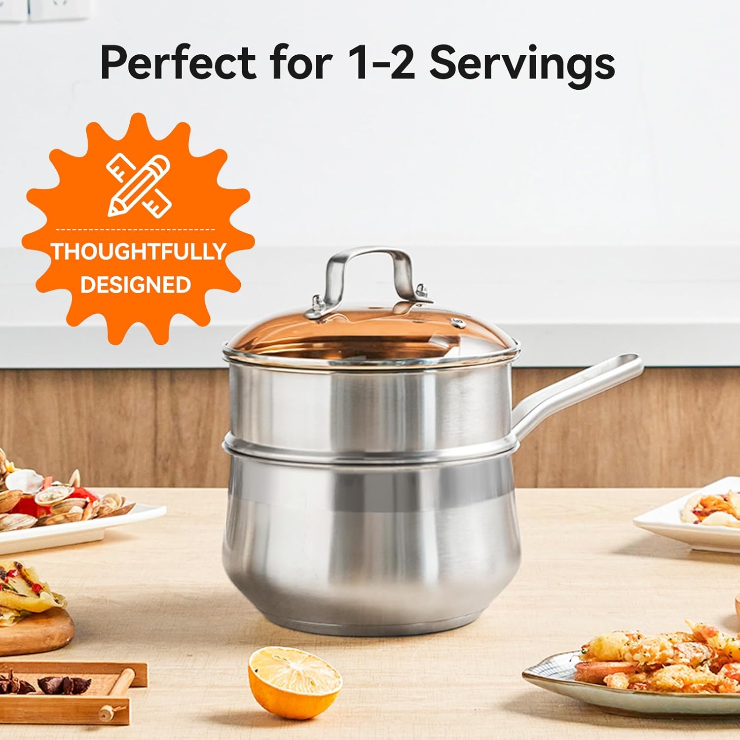 WANGYUANJI 2.5 Quart Stainless Steel Saucepan with Steamer Insert, 2-in-1 Sauce Pot with Lid & Steamer Basket, Tri-Ply Bottom Induction Cookware for Boiling, Soup, Milk, Silver